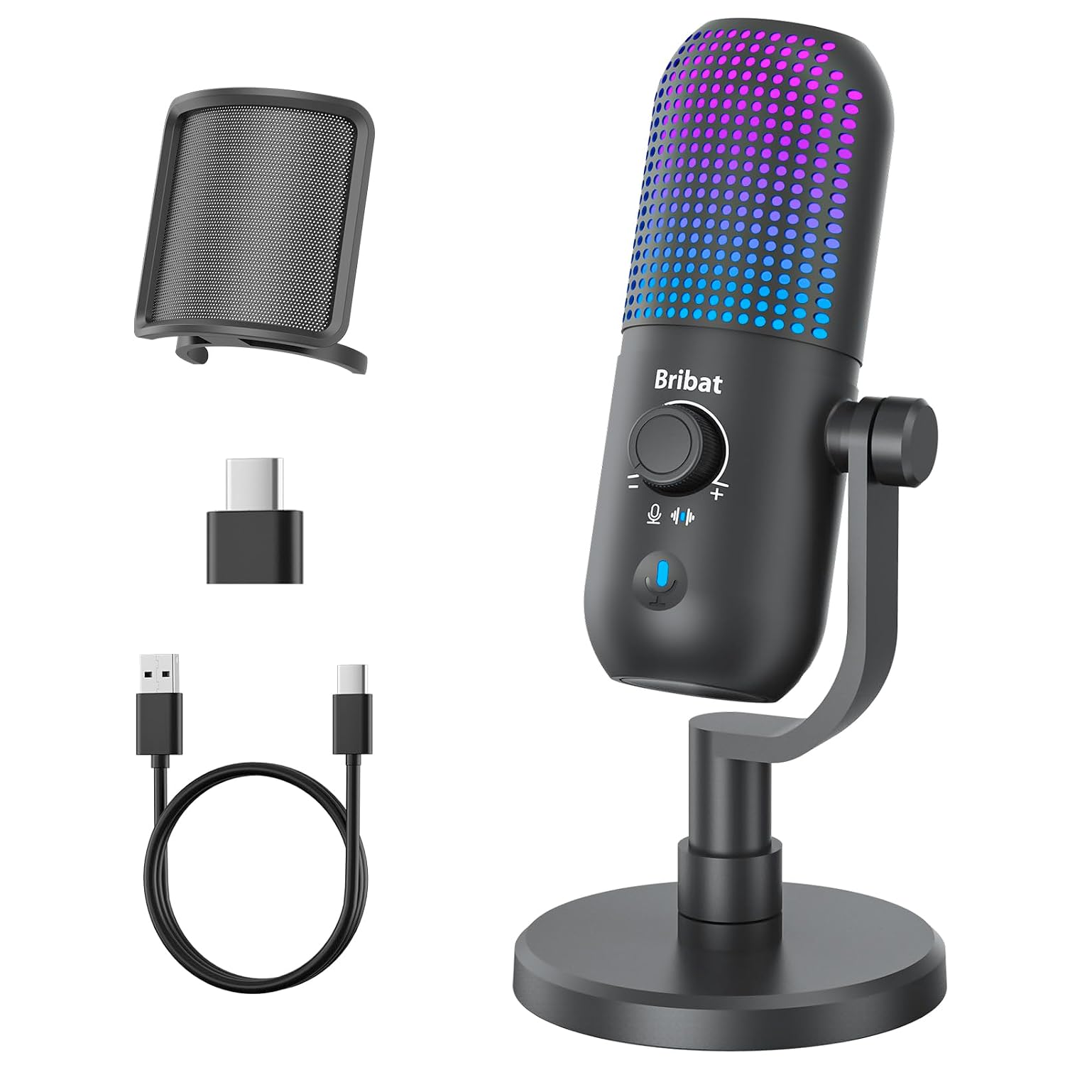 BRIBAT USB Condenser Microphone for PC Gaming,Streaming&Podcast,Plug & Play RGB Desktop Mic with One-Touch Mute,Cardioid N...