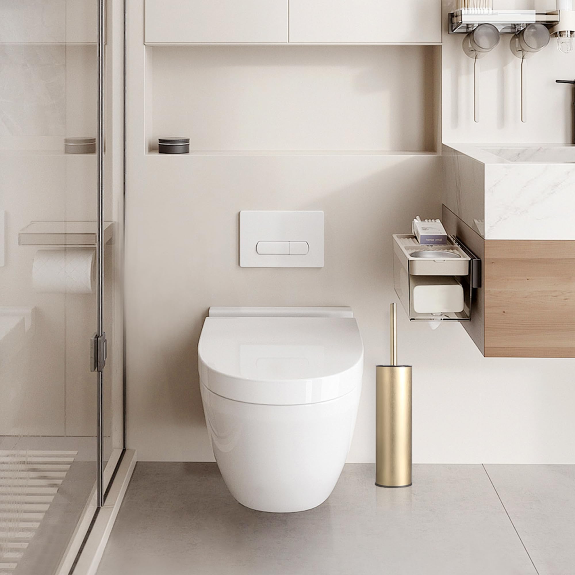 DAZI scopino bagno wc metallico, scopino wc dorato spazzolato con 2 spazzolone bagno per una pulizia profonda del lavandino