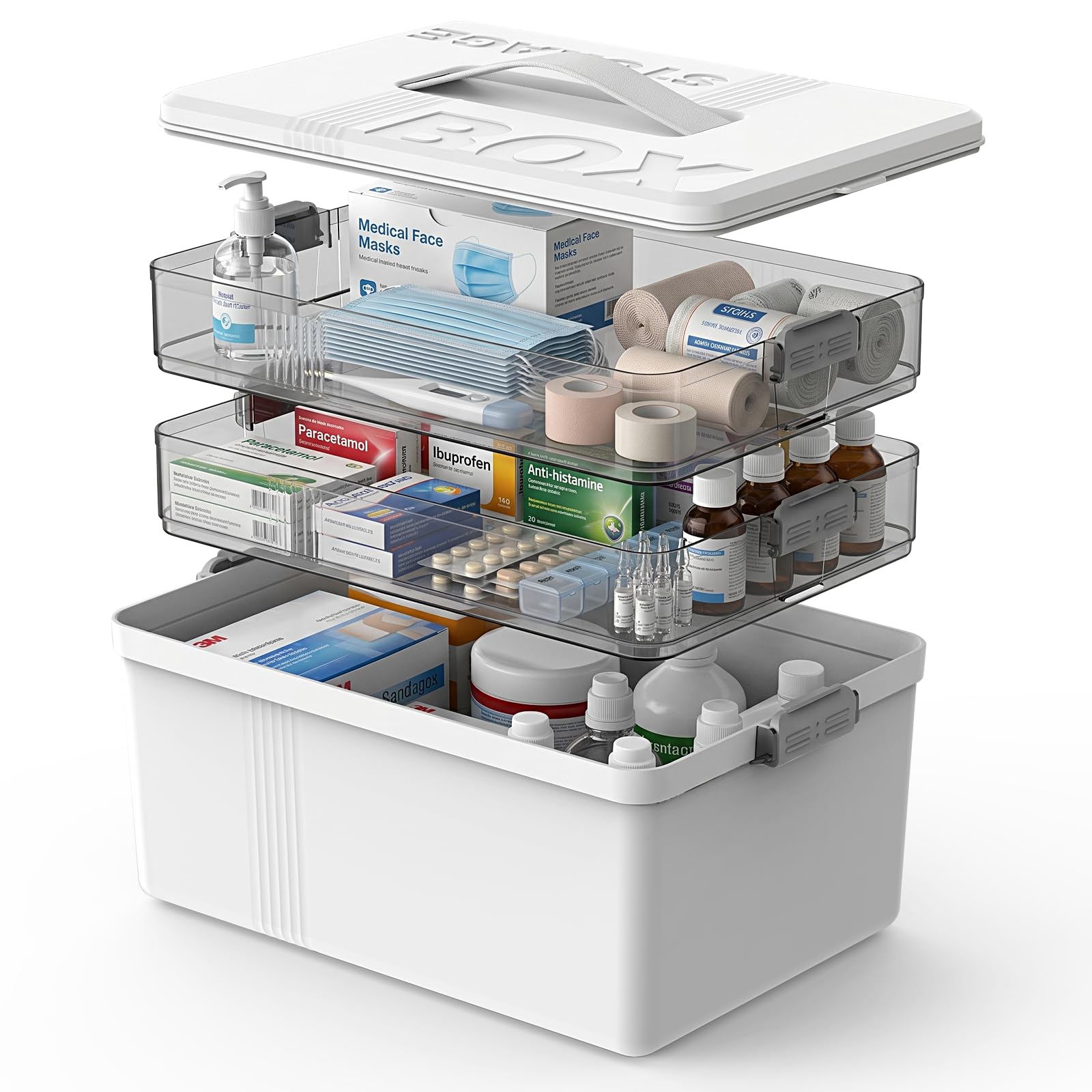 Boite Pharmacie 3 Étages, Boite de Rangement Médicament avec Poignée Portable, Trousse de Secours Familiale pour Médicaments, Bijoux, Cosmétiques, Pratique, Compact - Blanc