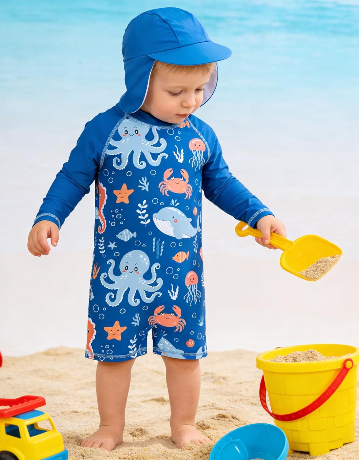 ADUKIDE Baby Boys Swimsuit Summer Beach Rash Guard Swimwear One Piece Sunsuit with Sun Hat 3-24 Months - Image 2