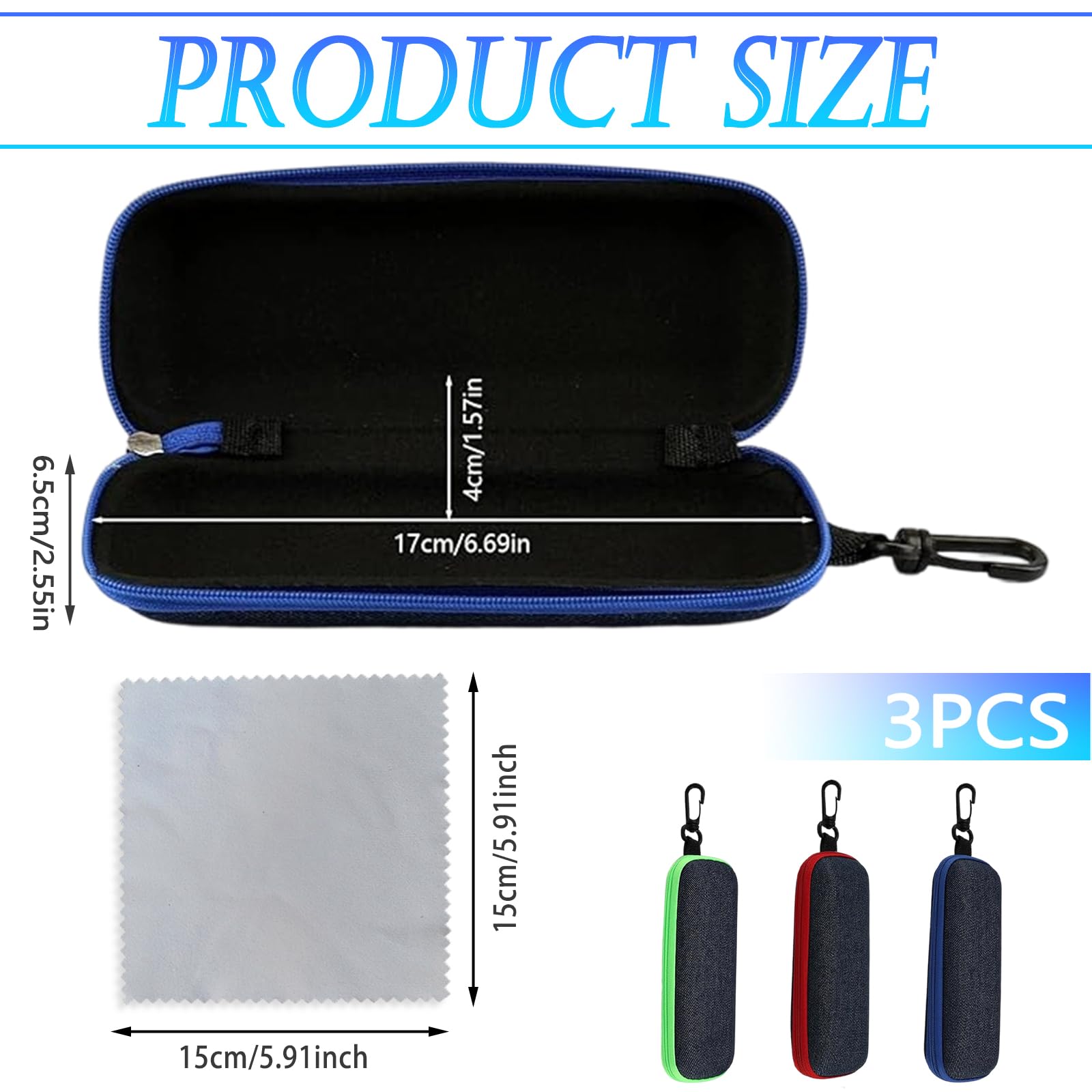 3 sztuki etui na okulary, modne przenośne etui na okulary z zamkiem błyskawicznym i karabińczykiem, w zestawie 6 ściereczek do czyszczenia z mikrofibry, pudełko na okulary, klucze i