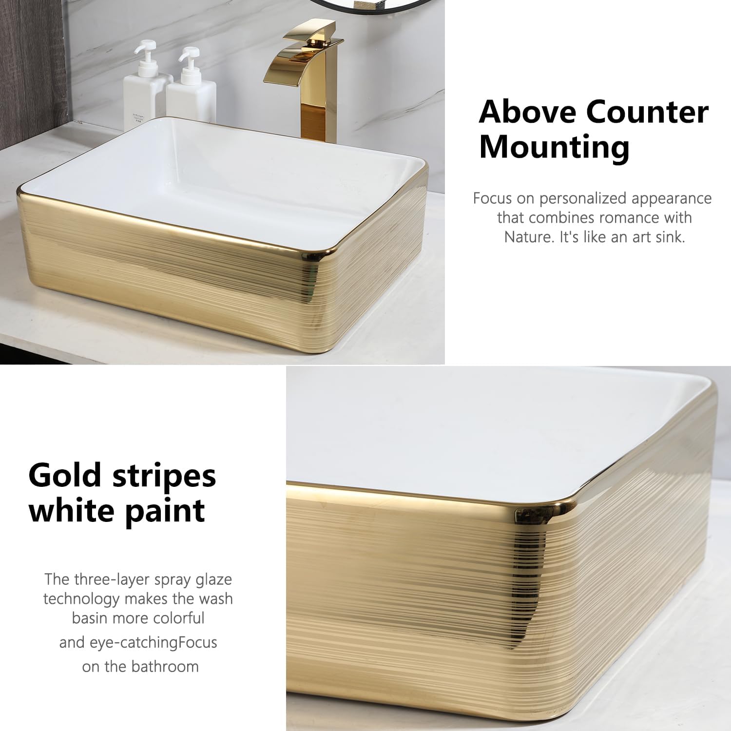 Gold Ceramic Vessel Sinks for Bathroom White Rectangle Above Counter Bathroom Vessel Sink with Faucet and Drain Combo