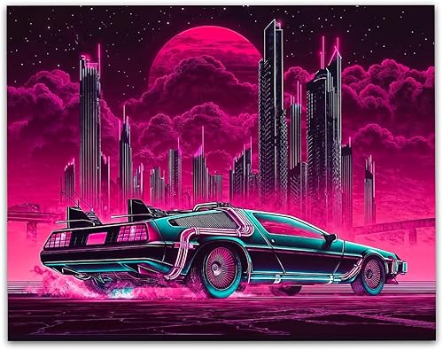Regreso al presente - Impresión Cyberpunk DeLorean de 16 x 20 pulgadas sin marco, póster retro futurista de ciudad de neón, arte futurista de viaje