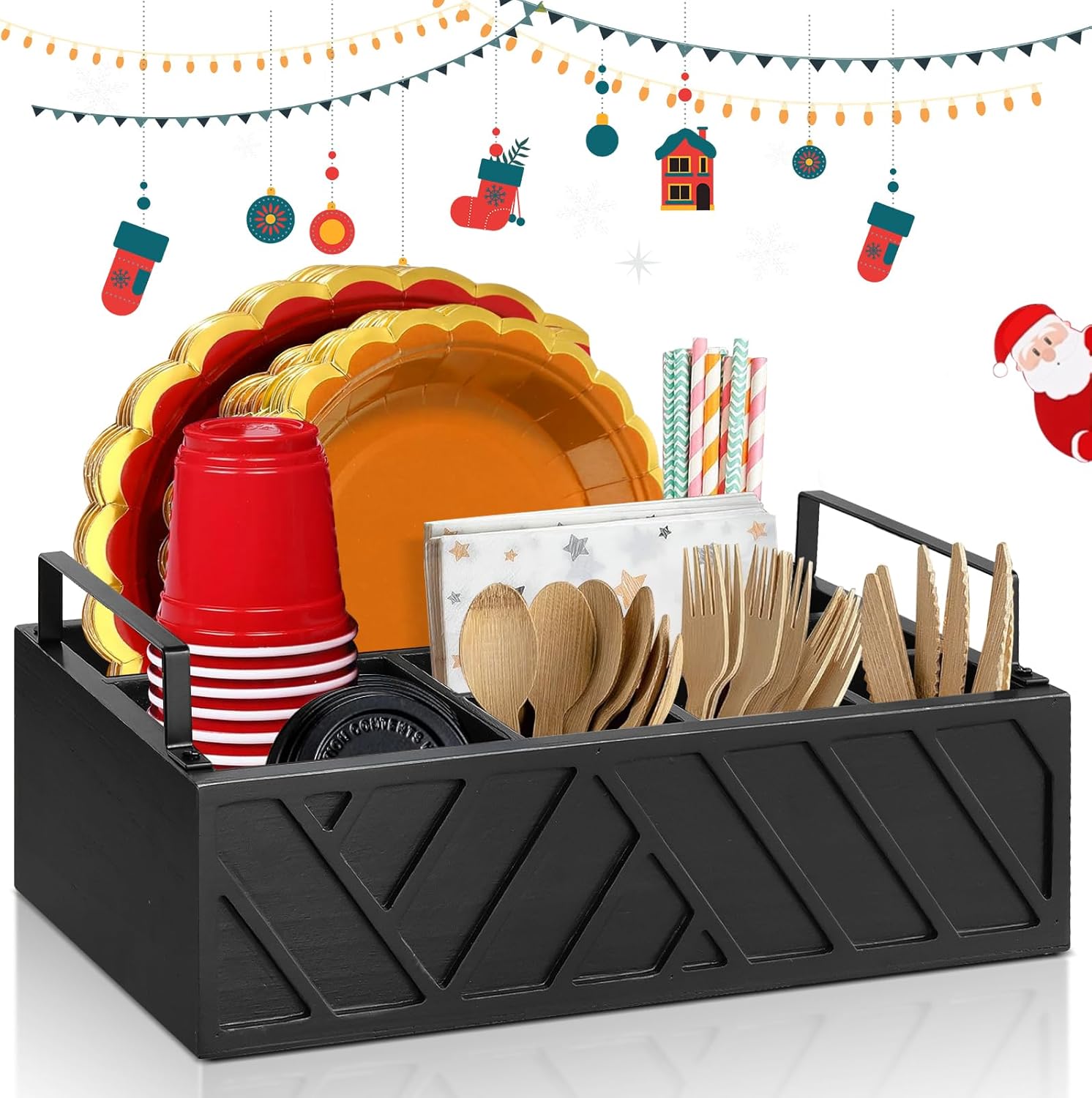 Lzhevsk Black Kitchen Countertop Paper Plate Holder, Wood Paper Plate Dispenser, Utensil Caddy for Kitchen Counter, Rustic Silverware Holder, Organizer for Cups, Spoons, Forks, Napkins, Party