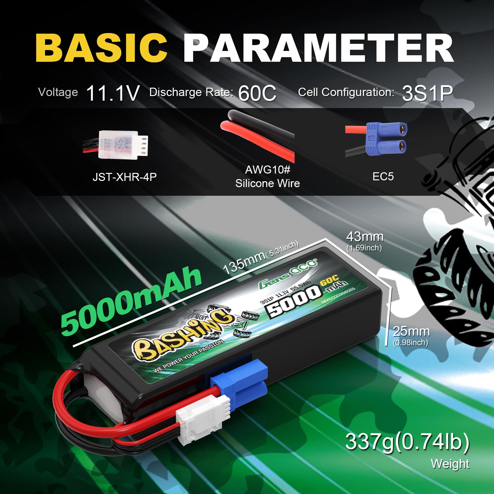 Gens ace Akku LiPo 3S 11.1V-5000-50C (EC5) 137x41x24mm 310g Soft