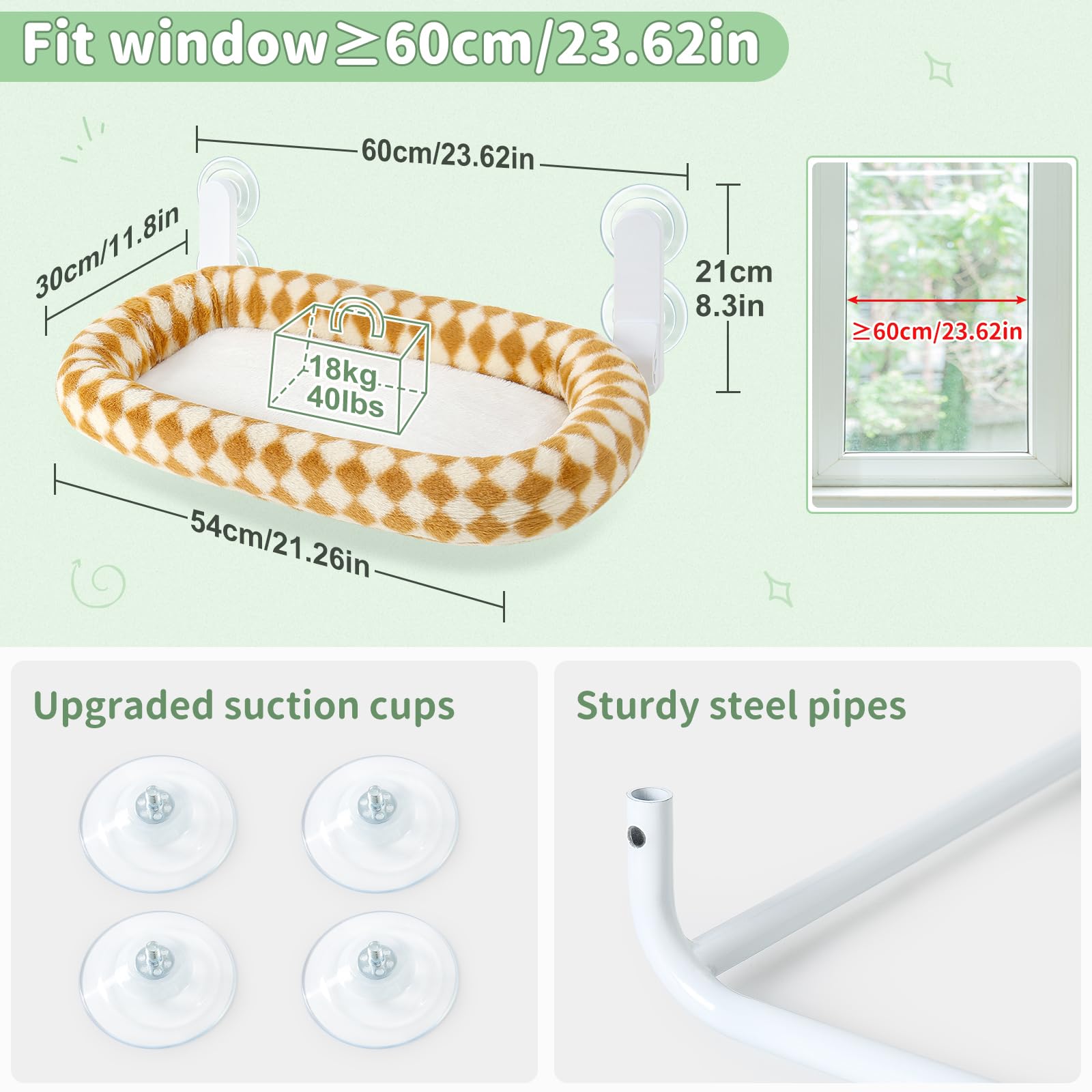 GUUSII HOME Foldable Cat Window Bed Indoor Hammock Perch for Large Cats Cordless Hanging Kitten Seat Shelf with Suction Cups Reversible Soft Plush Cushion Machine Washable 54 * 30cm (Brown - Image 4