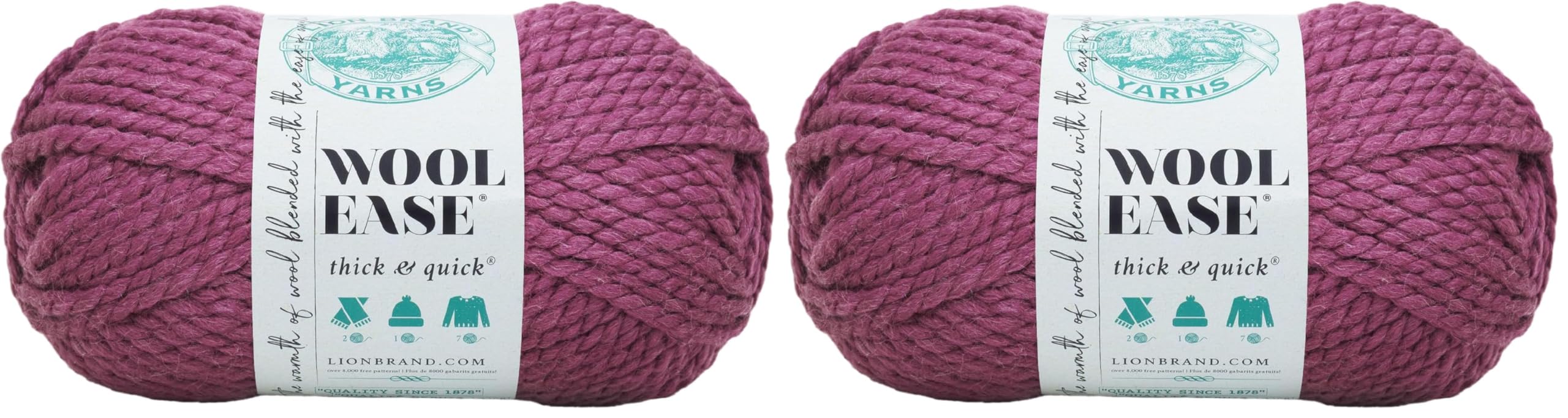 Lion Brand Yarn Wool-Ease Thick &amp; Quick Yarn, Soft and Bulky Yarn for Knitting, Crocheting, and Crafting, 1 Skein, Fig (Pack of 2)