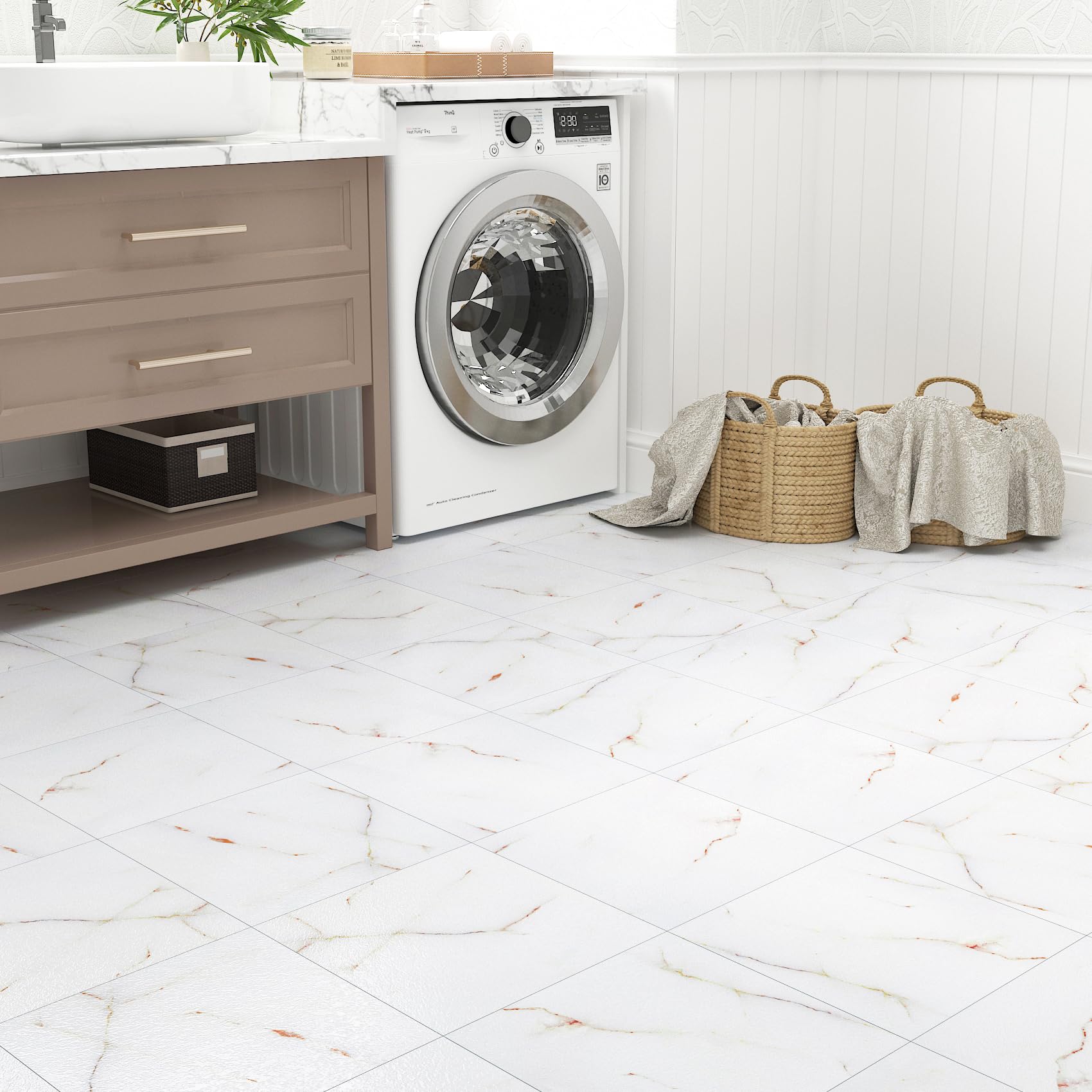 FunStick 30X30CM 30 Piastrelle Adesive Pavimento Effetto Marmo Pavimento PVC Adesivo Cucina Bagno Mattonelle Adesive Marmo Balcone Impermeabile Rivestimento Piastrelle PVC Adesive Bianco e Giallo
