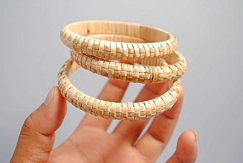 Miniatura 4 de Pure Hands Eco-Svelte - Juego de 3 pulseras naturales de ratán medio redondo de ancho estrecho para mujer Brazalete de caña de bambú tejido a mano