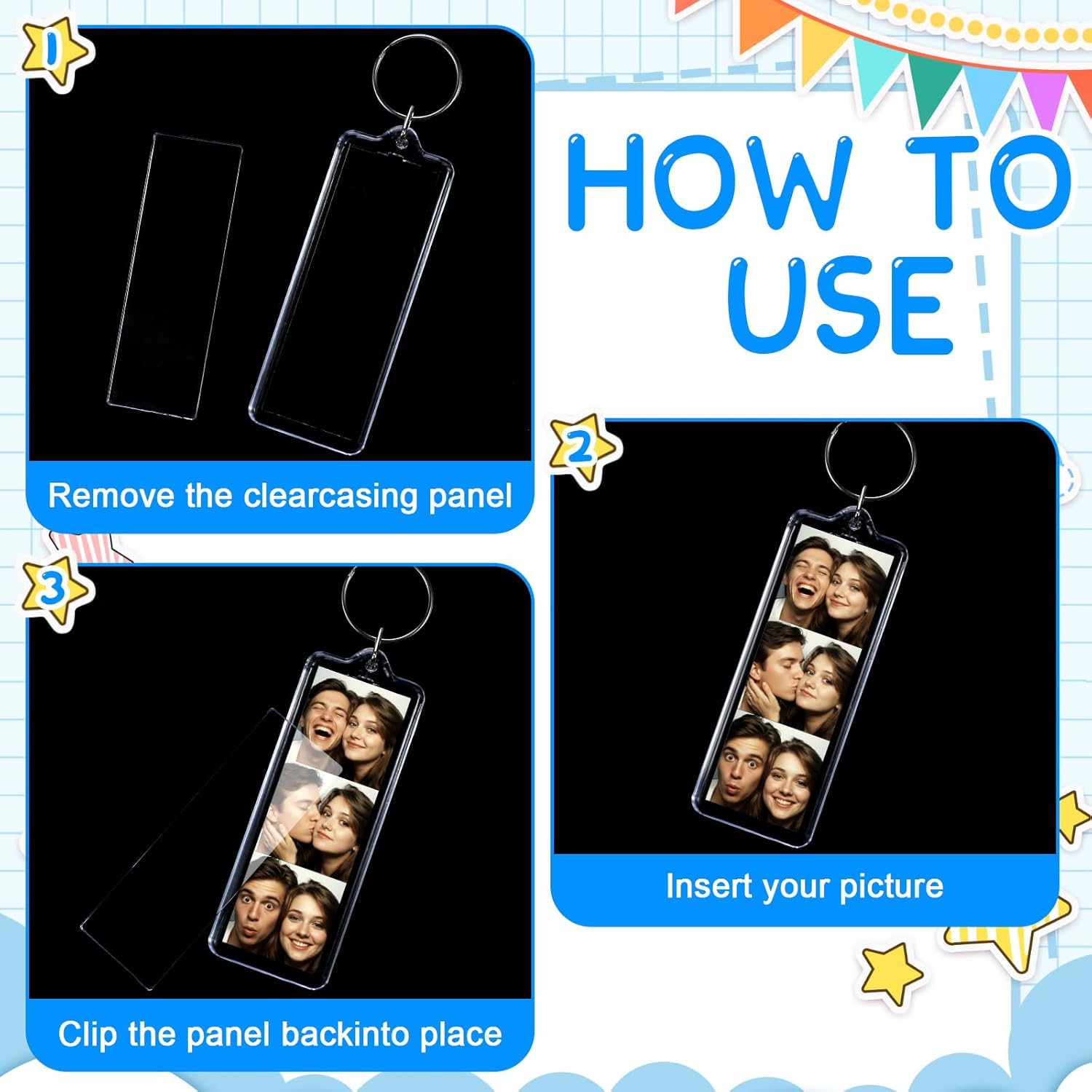 MTLEE Mini Photo Strip Keychain Frame Acrylic Photo Booth Keychain Double Sided Picture Keyring Holder Blank