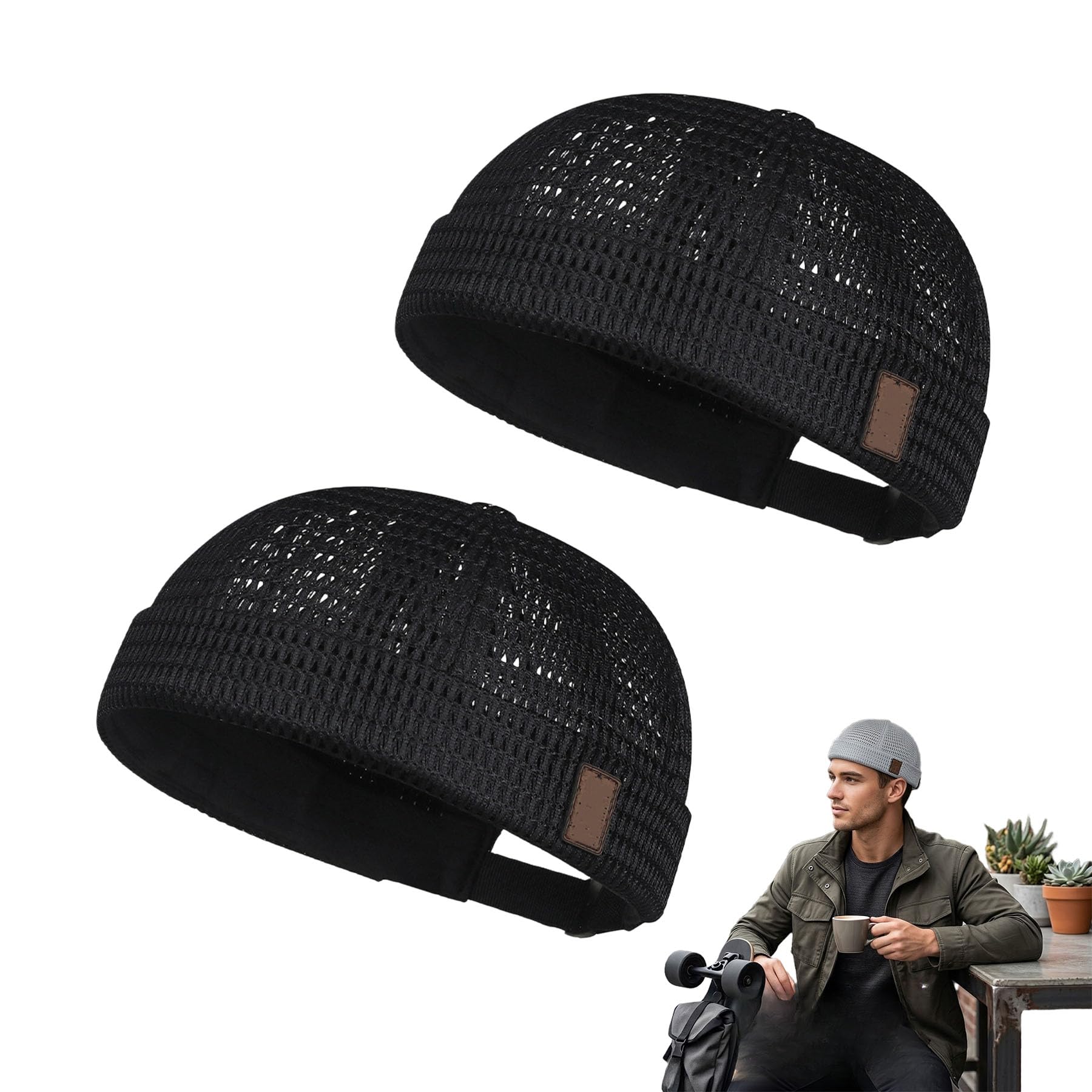 2 Pack Men’s Breathable Brimless Docker Hat, Summer Style Mesh Tang Ultra Cooling Skull Adjustable Hip-Hop Cap Beanie