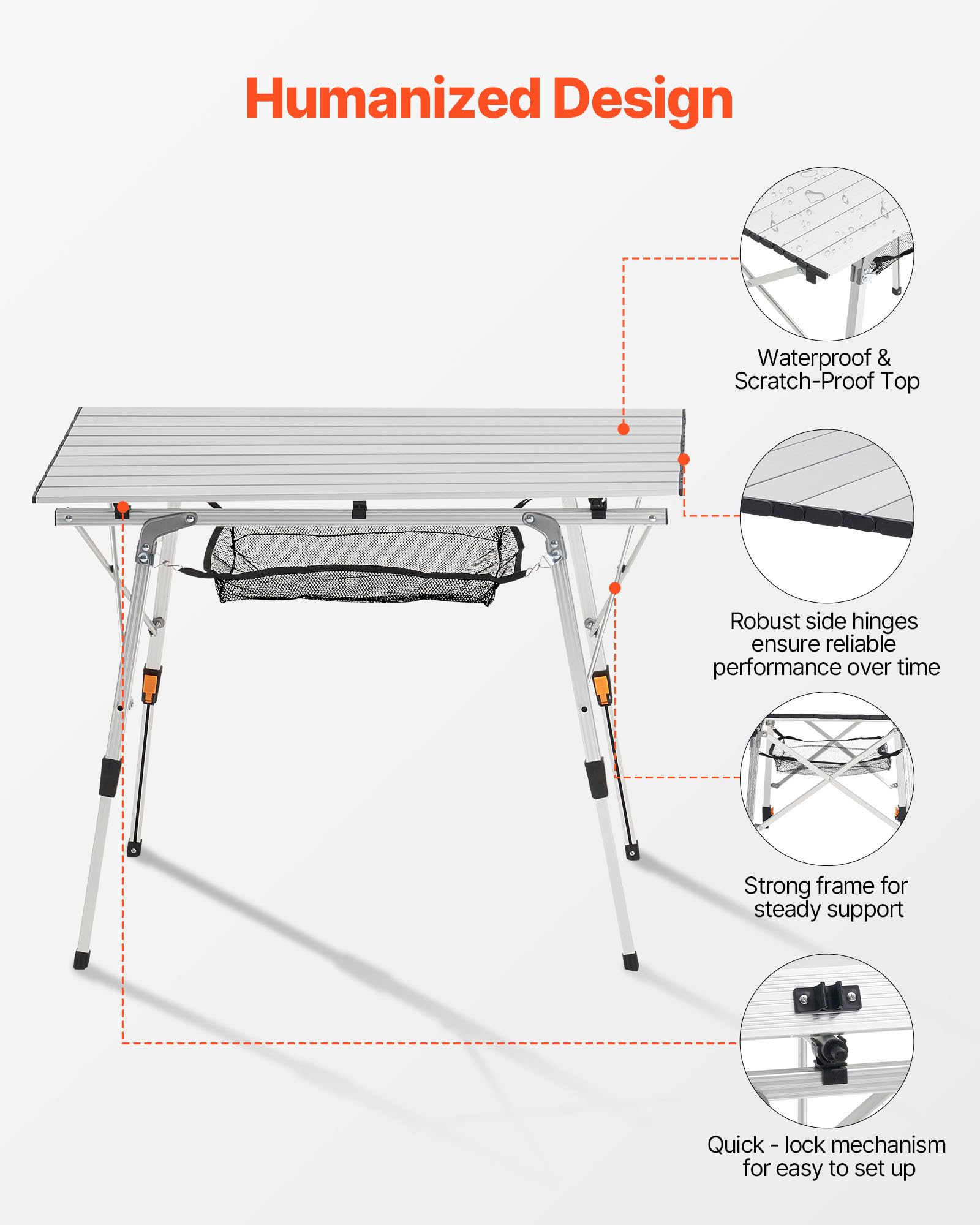 VEVOR Table de Camping Pliante Enroulable 90x52 cm, Table d'Appoint Portable en Aluminium, avec Hauteur Réglable, Couche en Maille et Sac de Transport, pour Cuisine en Plein Air, Pique-Nique, Argent