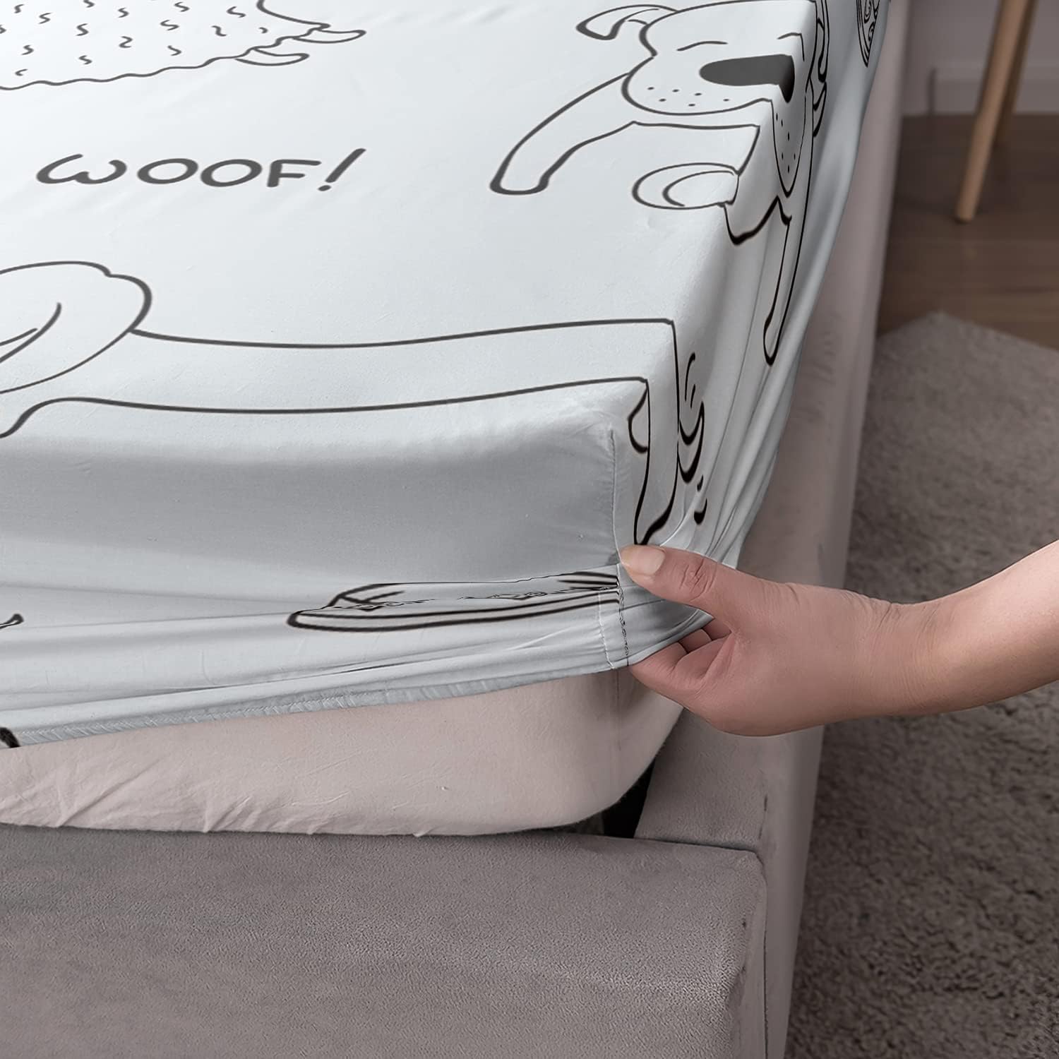 CVHouse Kawaii Dog Bed Set - Queen Size, Cute Puppy Dog Fitted Sheet Sets, 1 Flat Sheet & 1 Fitted Sheet with 2 Pillow Cases - 4 Pieces