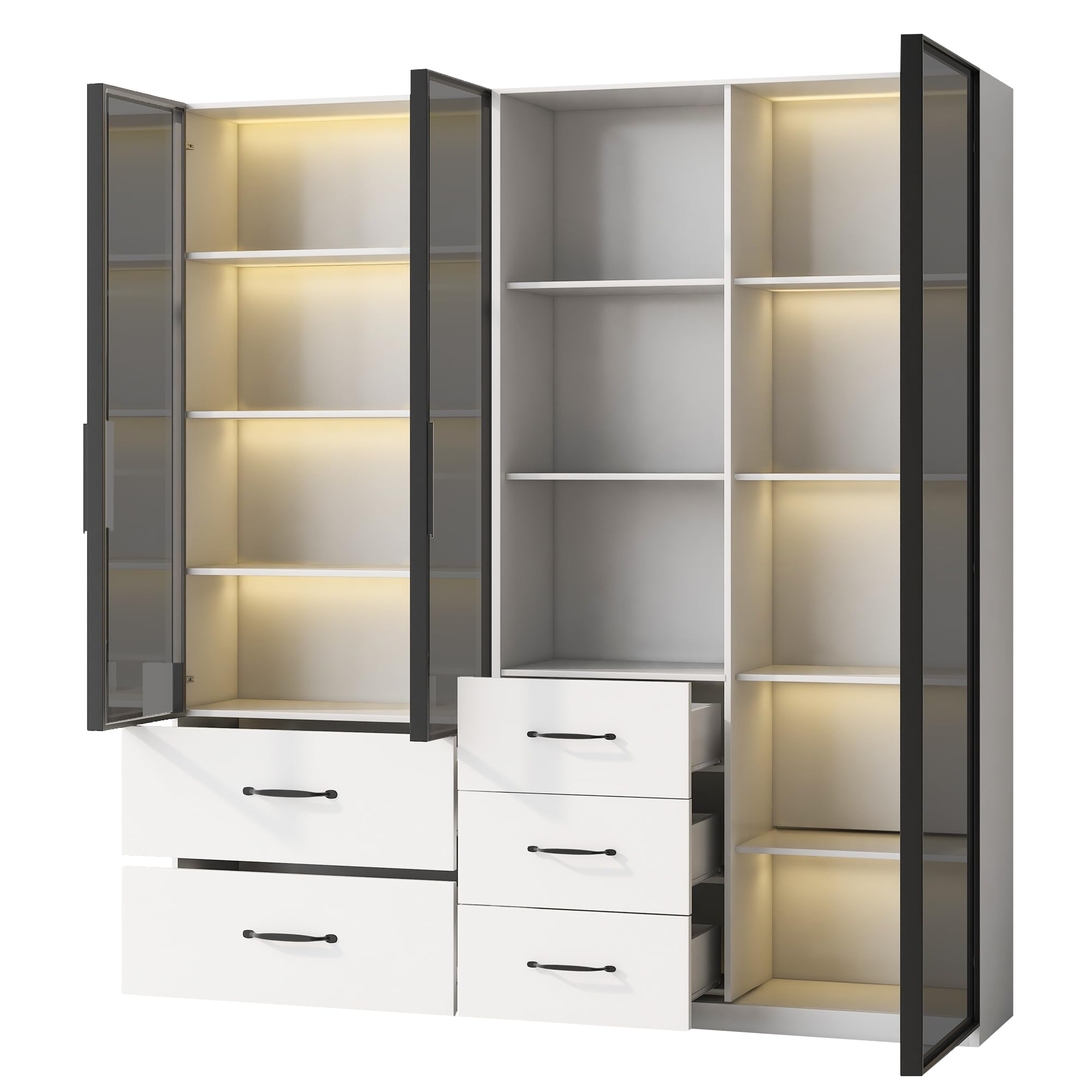Vetrina in vetro 140 x 40 x 160 cm, armadio alto, libreria e armadio multifunzione con scomparti in vetro e aperti, cerniere a chiusura delicata, vetrina LED multicolore