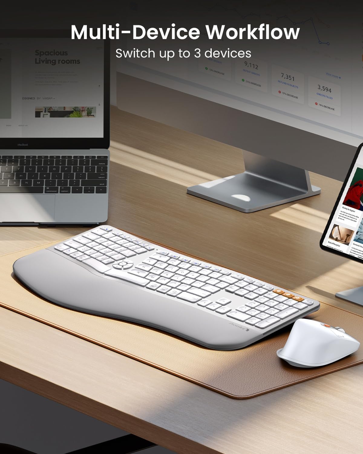 ProtoArc EKM01 Plus keyboard and mouse connected to a laptop, desktop monitor, and tablet, demonstrating its multi-device workflow capability.