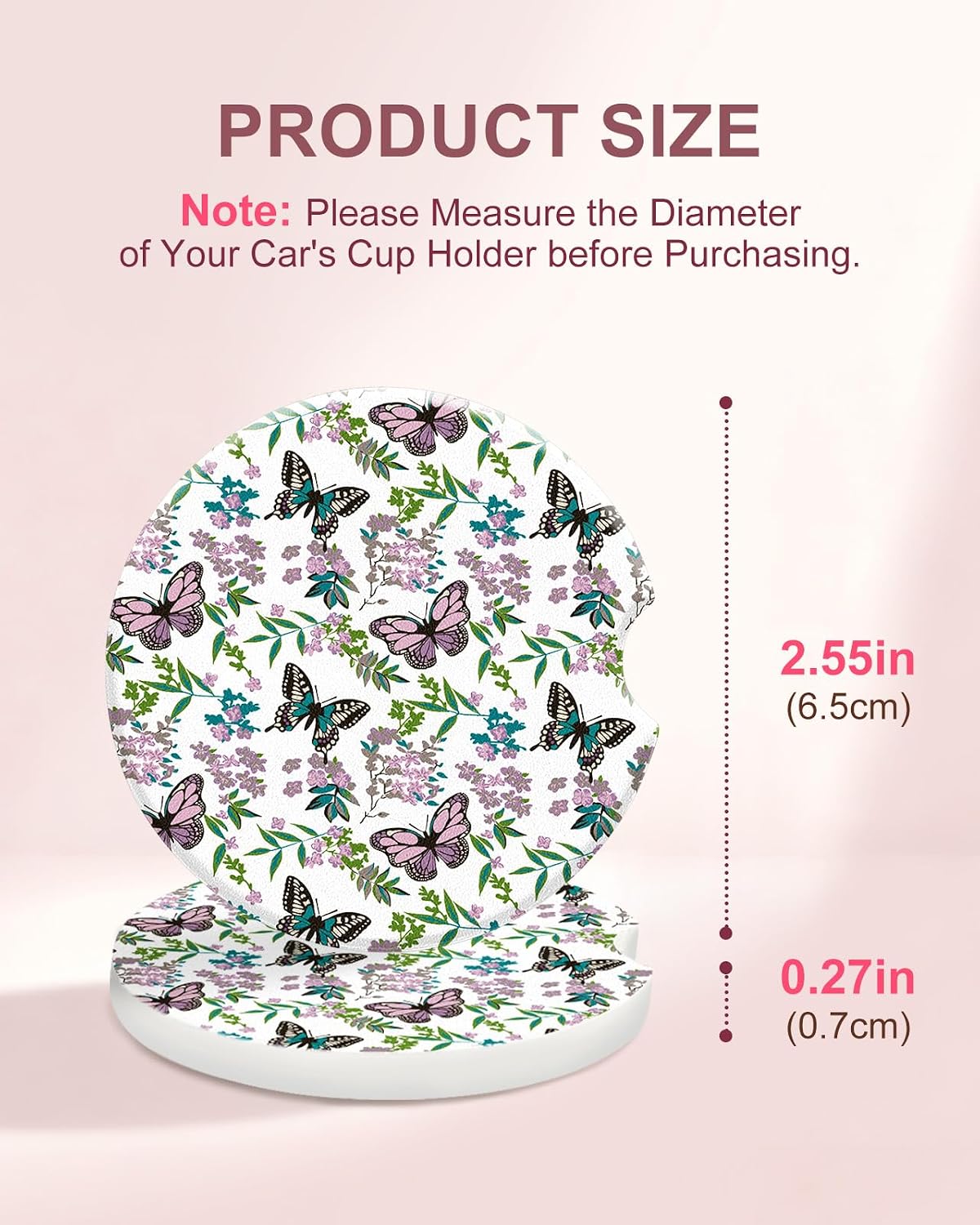 Swooflia Floral Absorbent Ceramic Car Coasters Set of 2, Cute Botanical Wildflower Cup Holder Coasters for Car, Purple Butterfly Flower Car Accessories for Women, Unique Gifts for Mom, Friends image 2