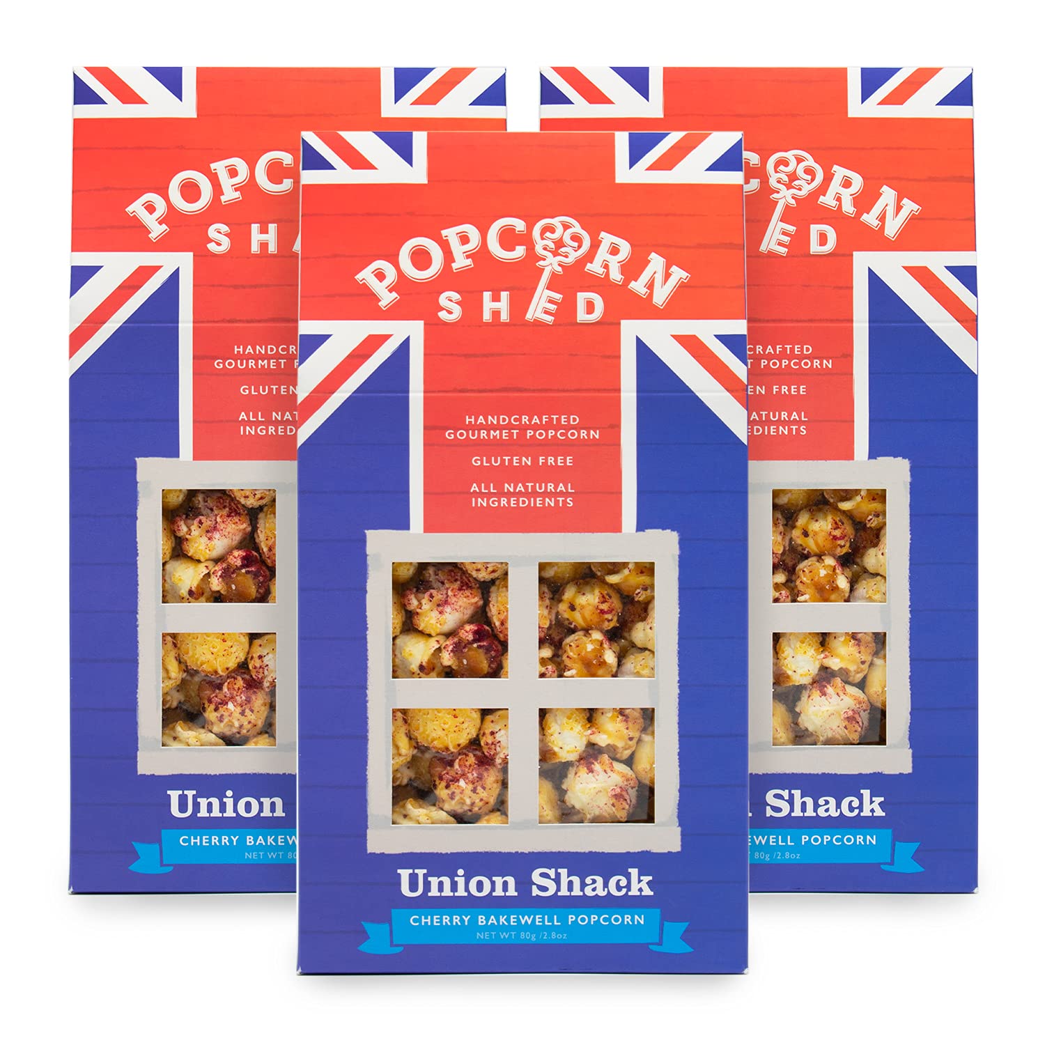 Popcorn Shed 3 x Cherry Bakewell Gourmet Popcorn Sheds, Caramel Almond Flavoured Popcorn with Real Cherry Pieces 3 x 80g, Popcorn Gift Blue