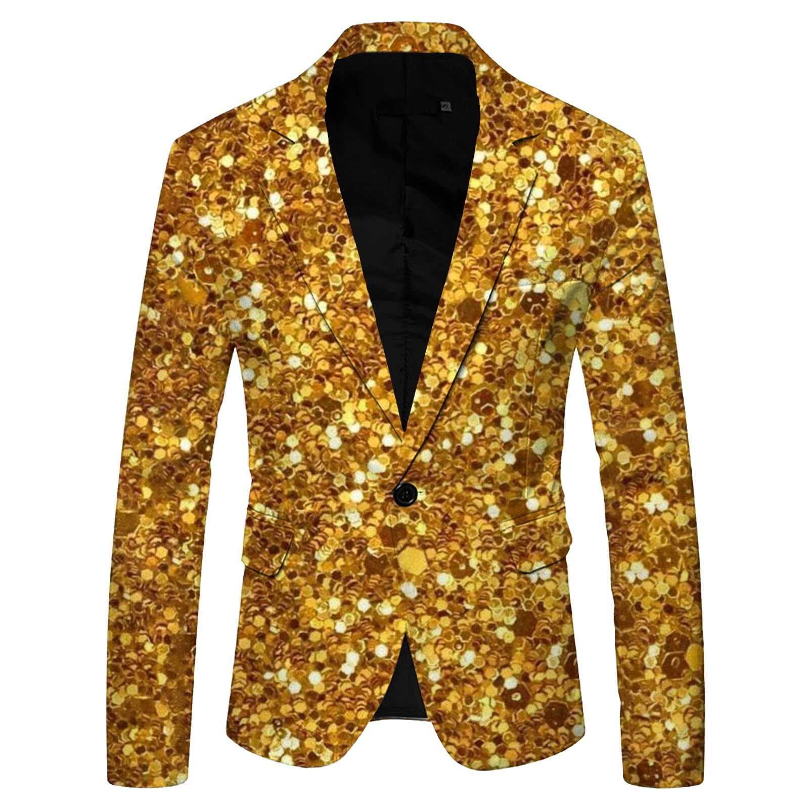 Generisch Giacca da uomo con paillette, oro glitterato, stampa 3D, slim fit, giacca da uomo, lucida, per feste, abbigliamento formale