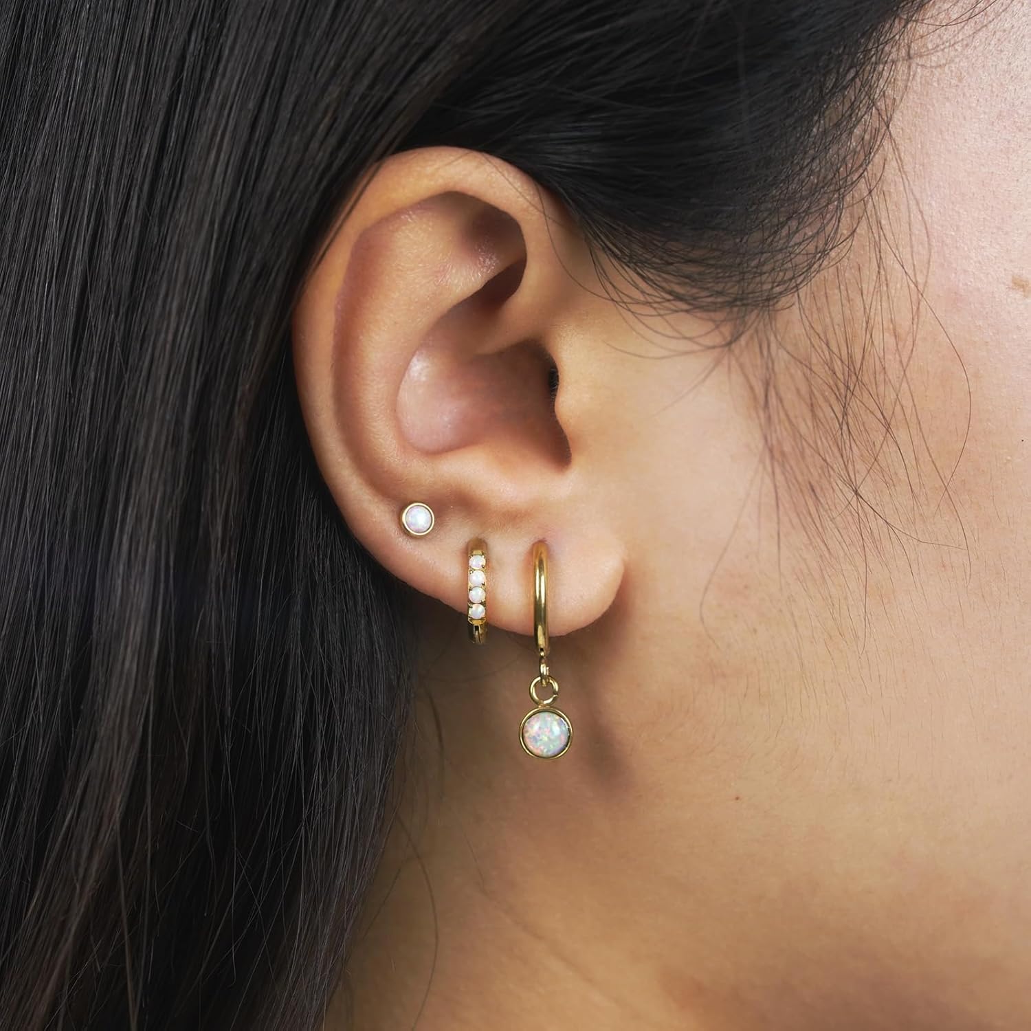 3 Pairs 14K Gold Plated Opal Earrings for Women: Dainty Opal Studs, Small Cartilage Huggie Hoops, Trendy Dangle Earrings, Hypoallergenic Gold Jewelry Set, Unique Gift for Women, Mom - Image 4