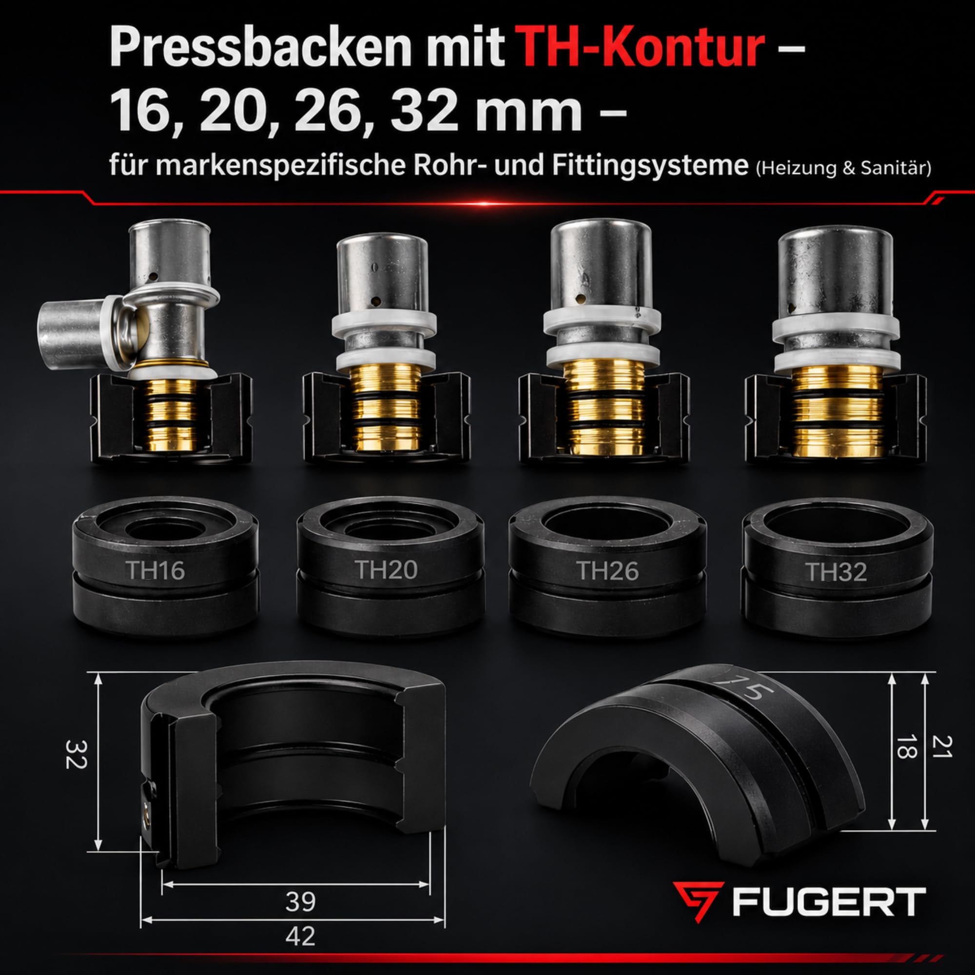 Rohrpresse Akku 10T Akku Presszangen Set 2x 4.0Ah 20V Hydraulische Presszange mit TH U V Pressbacken 360° Drehkopf LCD LED Komplettset für Sanitär, Heizung & Montage