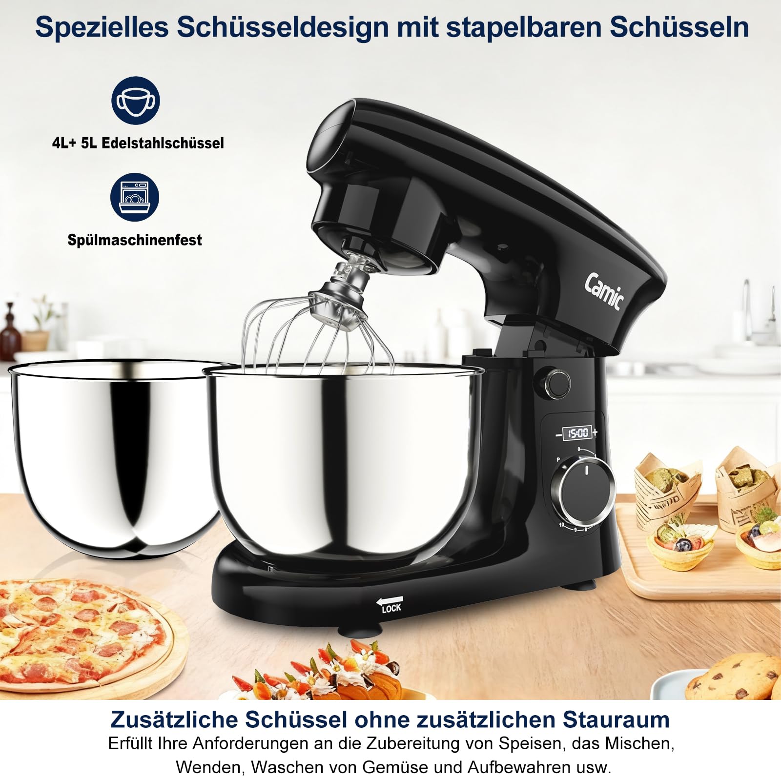 Camic Küchenmaschine mit 3 Zubehörteilen (Knet-, Rühr-, Schneebesen),Teigmaschine mit LED-Display, Zeit einstellen, 10 Geschwindigkeitsstufen, 2 Edelstahlschüsseln 4L+5L, für Teig, Brot, Pizza, Kuchen