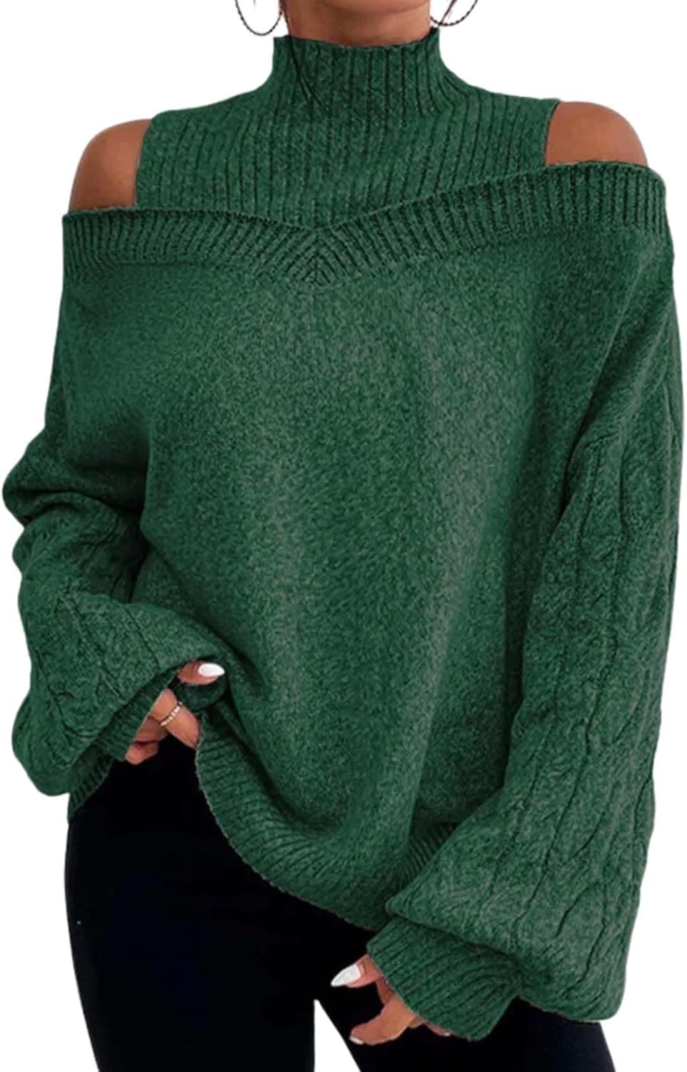 Women's High Neck Cold Shoulder Sweater Chunky Knit Pullover Loose Fit Long Sleeve Fall Winter Top