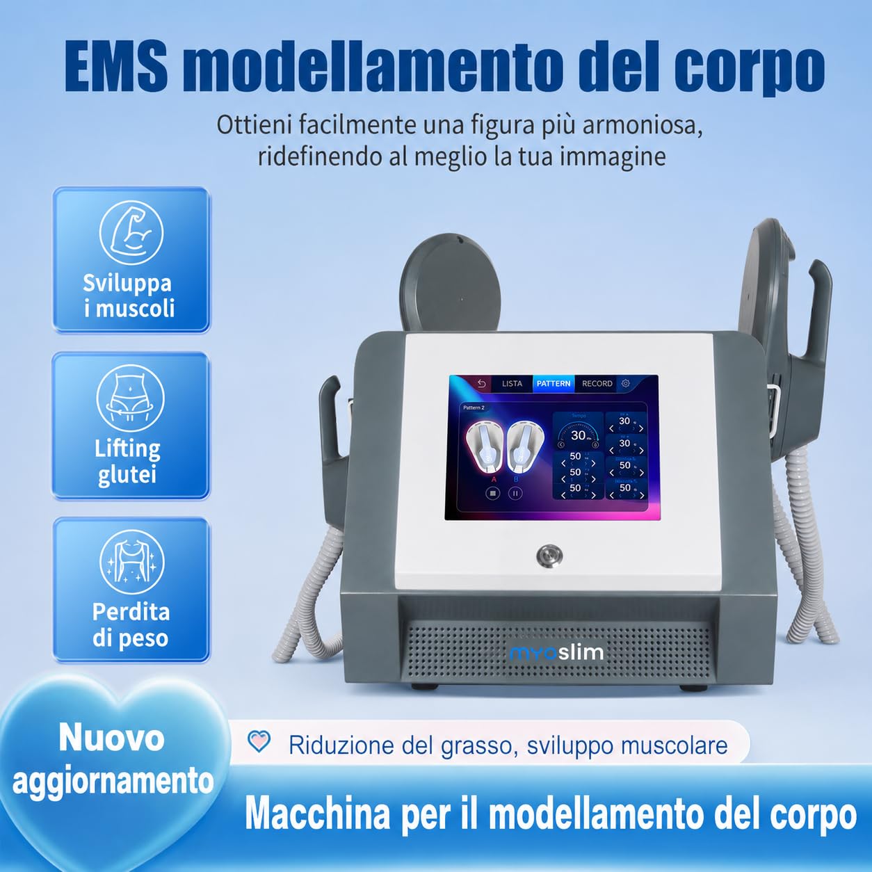 myoslim Macchina EMS Body Sculpt a 2 Manipoli, Dispositivo per Rimodellamento Estetico del Corpo, Elettrostimolazione Muscolare, Schermo Tattile, Uso Salone