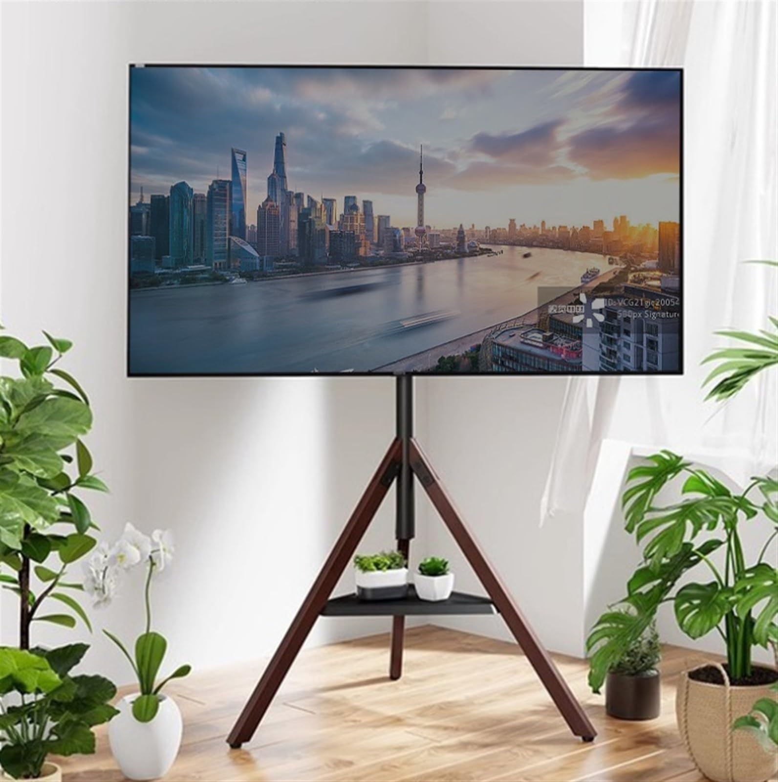 Uniwersalny Uchwyt Tv Stojak Pod Telewizor Na Trójnogu Do Ekranu O Przekątnej Od 32 75 Cali, Z Regulacją Wysokości I Obrotową Podstawą Narożny Podłogowy Drewnianą Tacą Przenośny Regulacją