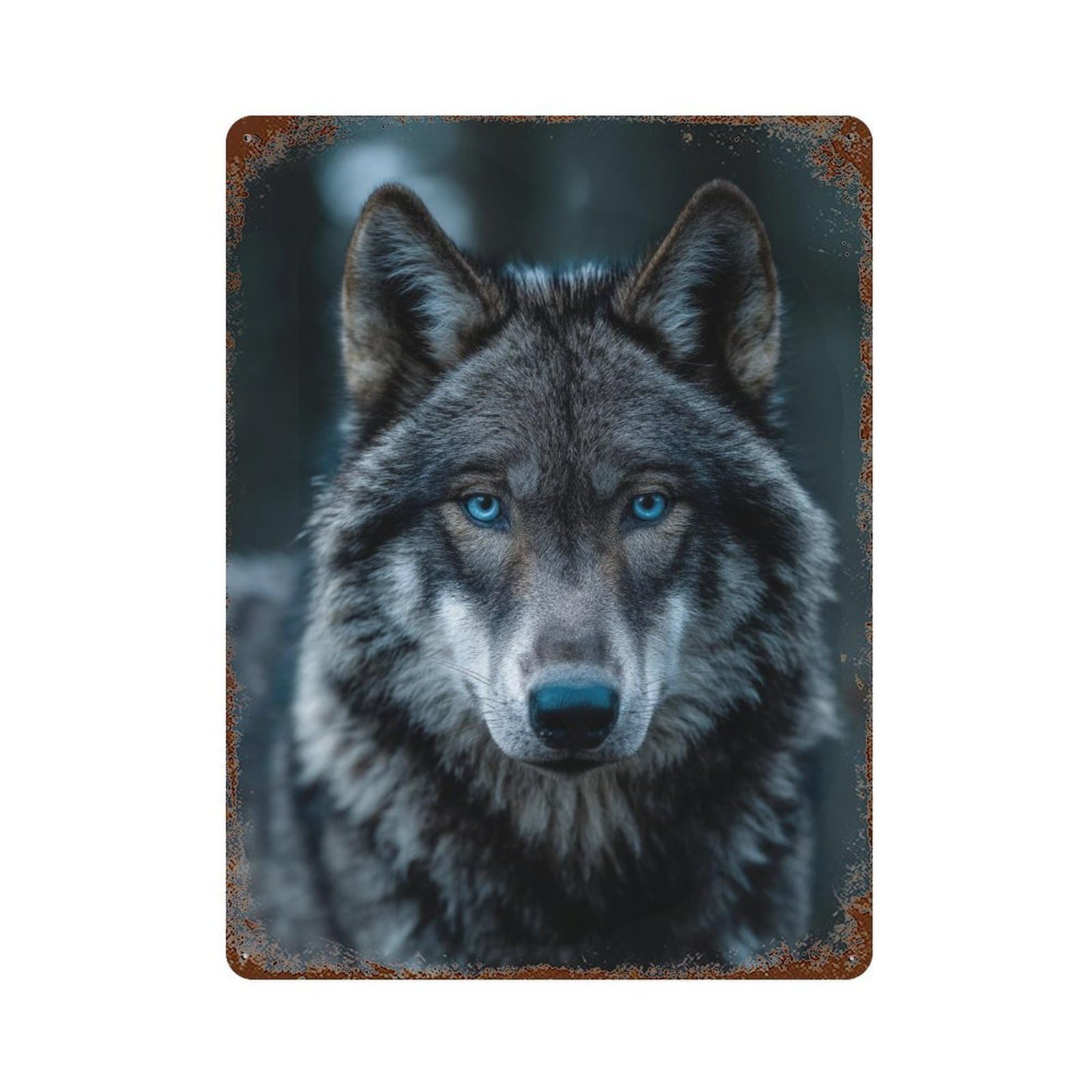 Garage Style Gray Wolf with Blue Eyes Aged Metal Wall Plaque 15.7"x11.8", Novelty Wall Decor for Bar And Workshop