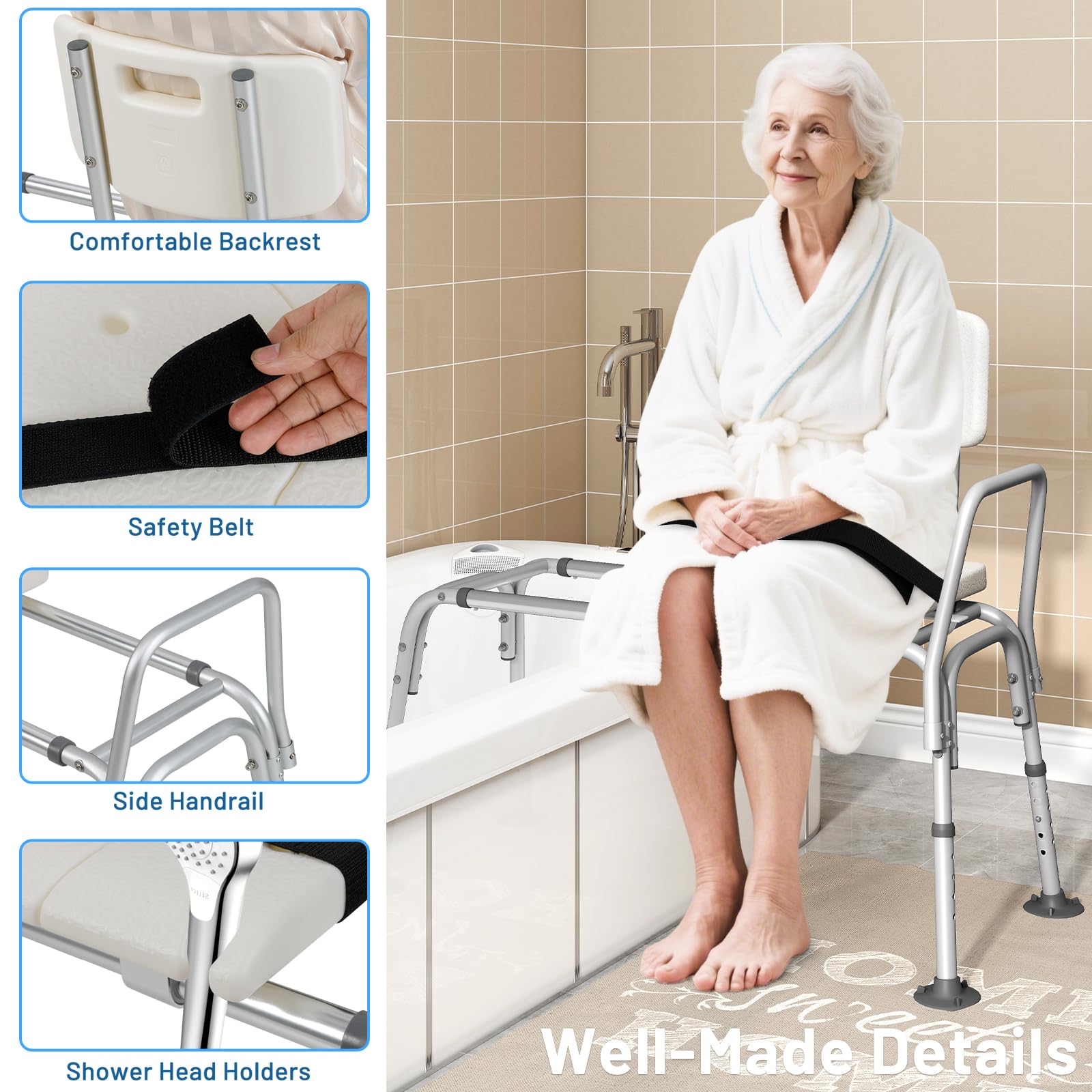 HOMASIS Silla de Ducha para Personas Mayores, Asiento baño para Adulto con Deslizante y Altura Ajustable. Cinturones de Seguridad, Almohadillas Antideslizantes, para Discapacitados, Carga 160kg