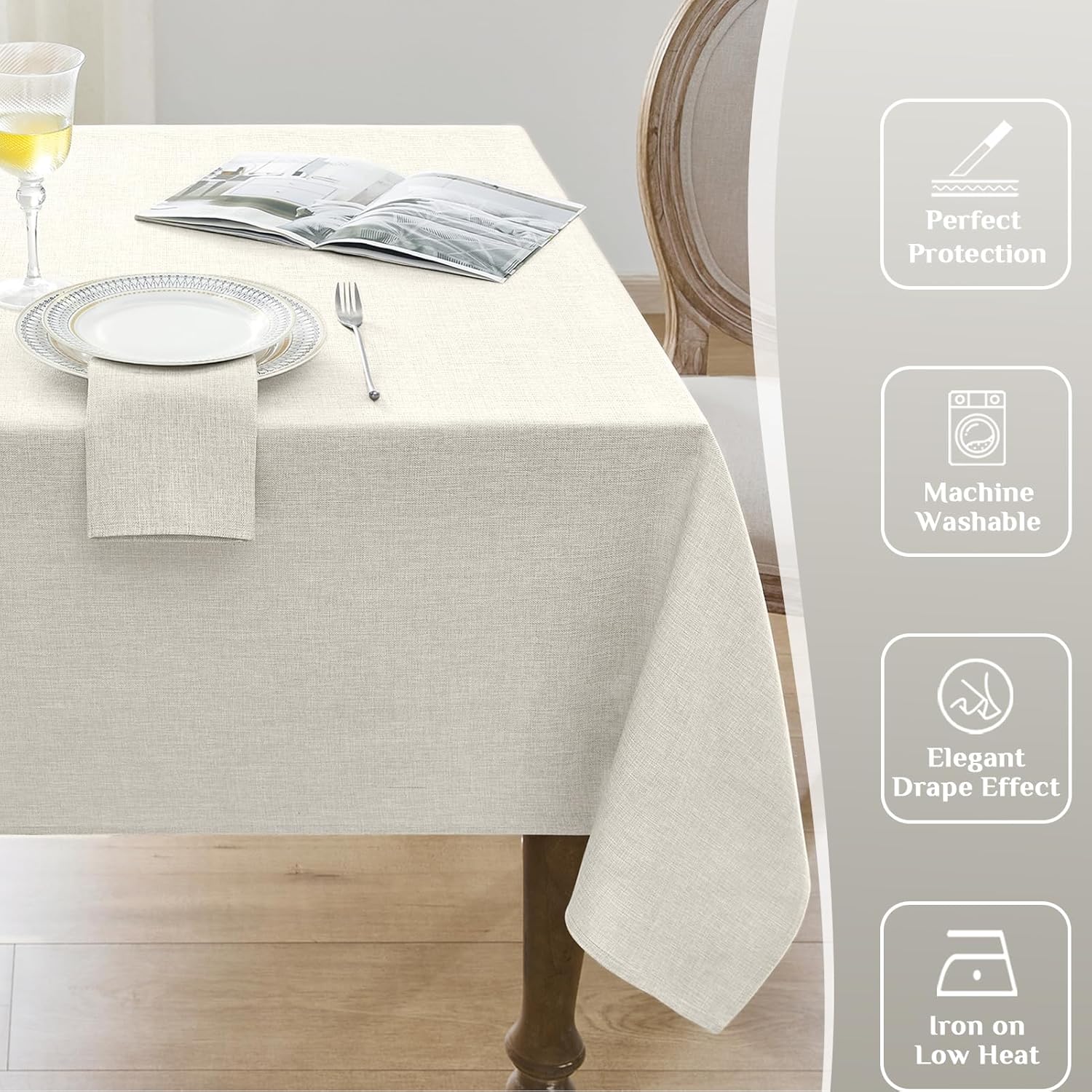 Softalker Extra Lang Tablecloth Rectangular 60 x 144 inch Cream Faux Linen Tablecloth Outdoor Waterproof Stain and Wrinkle Resistant Table Cover for Spring Easter Party Picnic Decor Vintage Tabletop