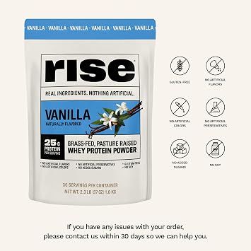 Rise Grass-Fed Whey Protein Powder - Vanilla | 25g Protein No Artificial Flavors, Colors, or Preservatives - Sugar Free, Gluten-Free, Soy Free (2.3 lbs)