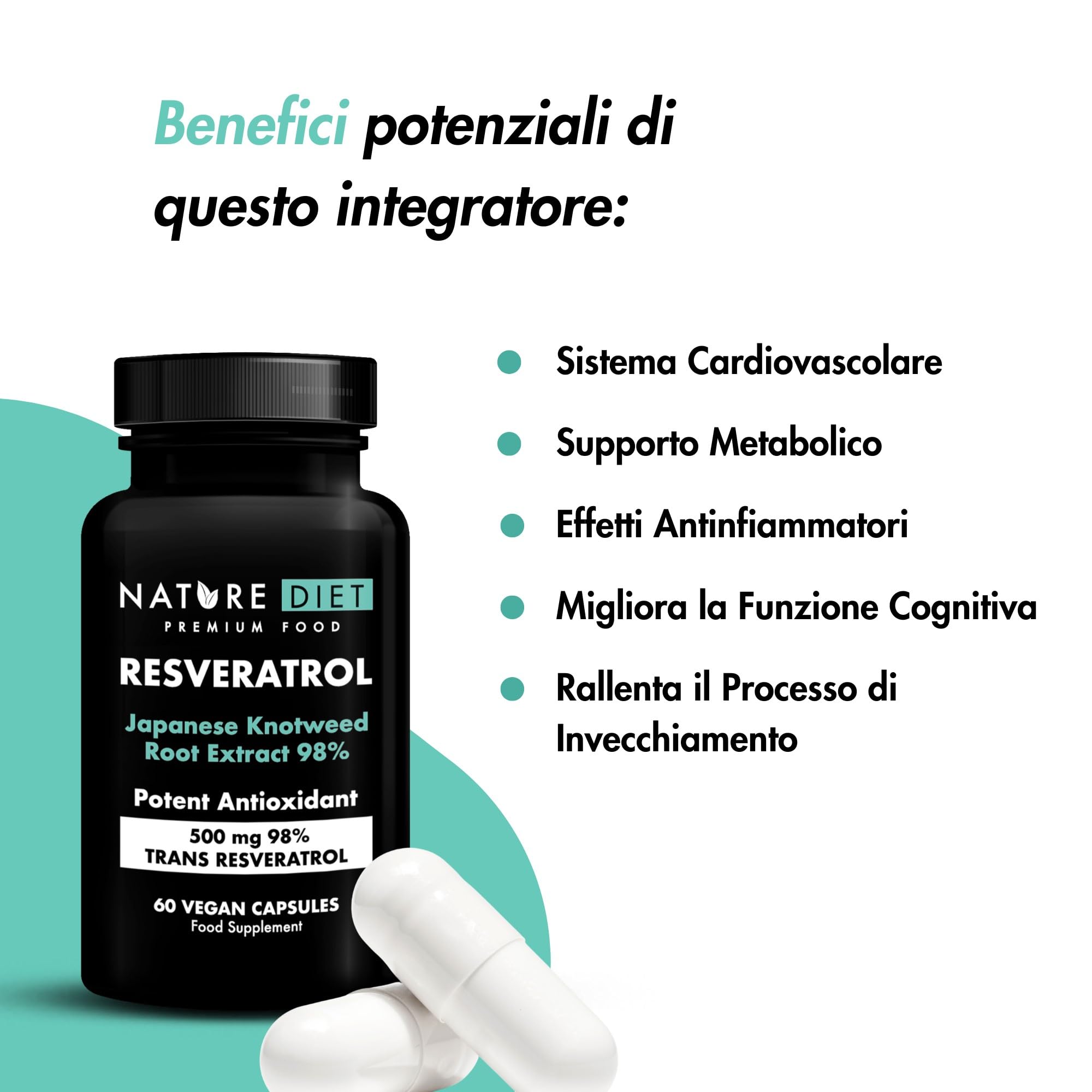 Nature Diet Resveratrol - 500 mg di Trans-Resveratrolo (98%) - Estratto di Poligono del Giappone - 60 Capsule Vegane - Sostegno Antiossidante - Supporta un Invecchiamento Sano e il Benessere Cellulare