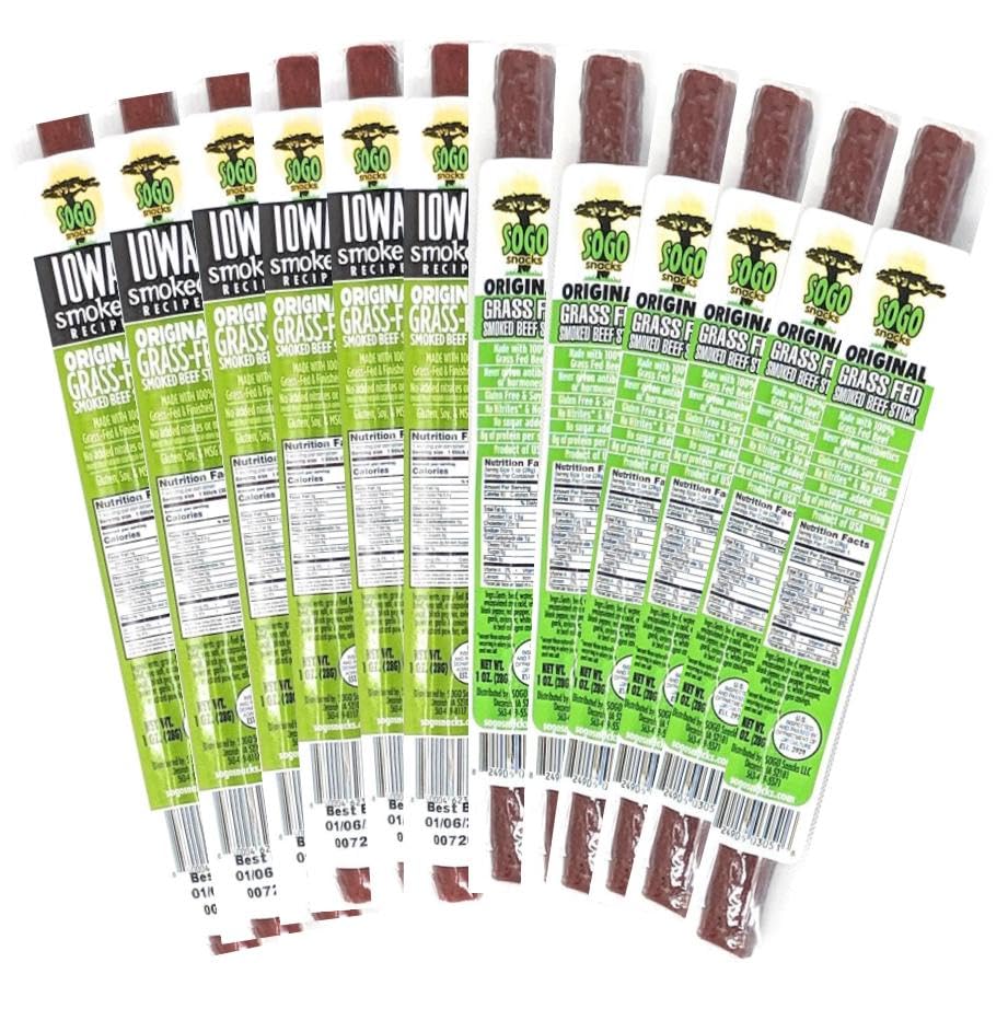 Original Flavor Variety, No Sugar, 100% Grass-fed/finished, Non-GMO Beef Stick. No Added Nitrates, Gluten, Soy, MSG, Dairy or Nuts. Keto, Whole30 & Paleo (12 Sogo Org, 12 IA Smoked Org, 24 1oz Sticks)