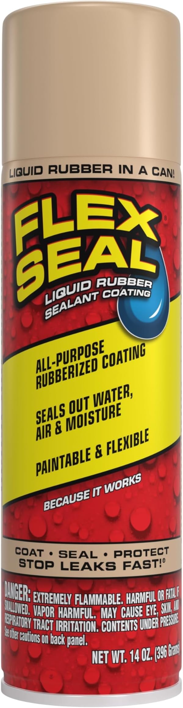 Flex Seal, 14 oz, Almond, Stop Leaks Instantly, Waterproof Rubber Spray On Sealant Coating, Perfect for Gutters, Wood, RV, Campers, Roof Repair, Skylights, Windows, and More