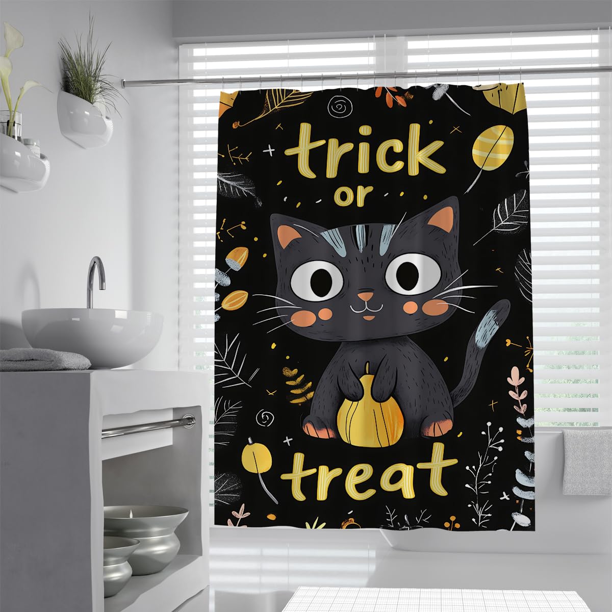 Cortina de Ducha Gato Negro Lindo Halloween Truco Trato 150x200cm