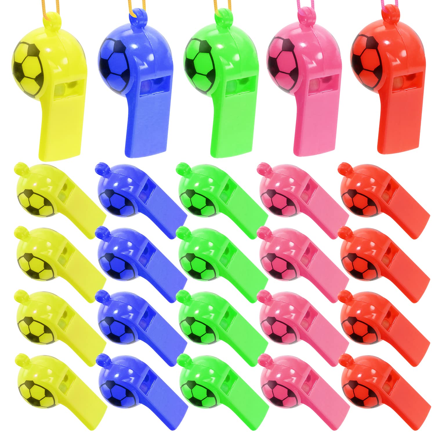 PENTA ANGEL Sports Whistles with Lanyard 25Pcs Soccer Pattern Loud Crisp Sound Plastic Training Whistles for School Camping Christmas Birthday Party Favor Goody Bag Fillers (Mixed Color, 25)-image-37