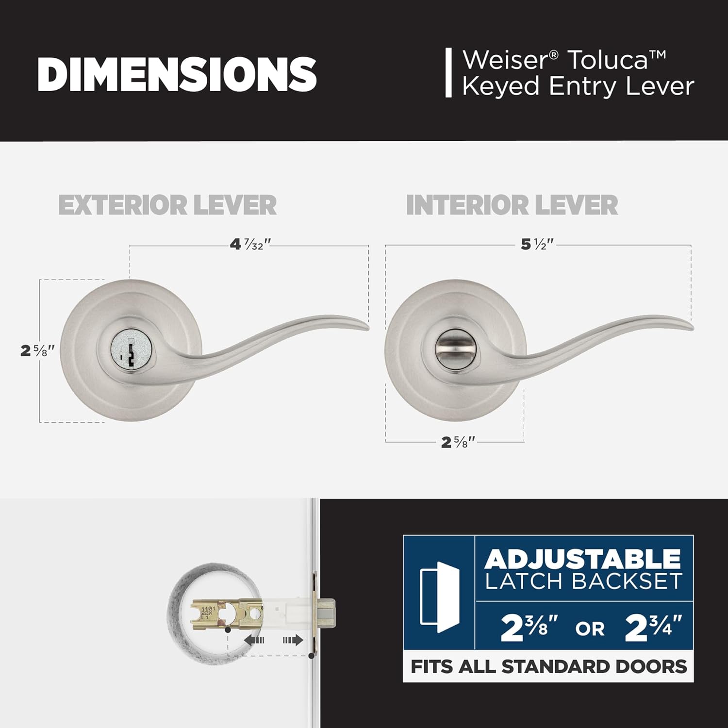 Four-step installation guide for the Weiser lever lock. Step 1: Screw in adjustable latch, place exterior lever. Step 2: Remove rosette, secure mounting plate. Step 3: Reattach rosette, position interior handle. Step 4: Secure interior handle with Allen wrench, screw in strike.