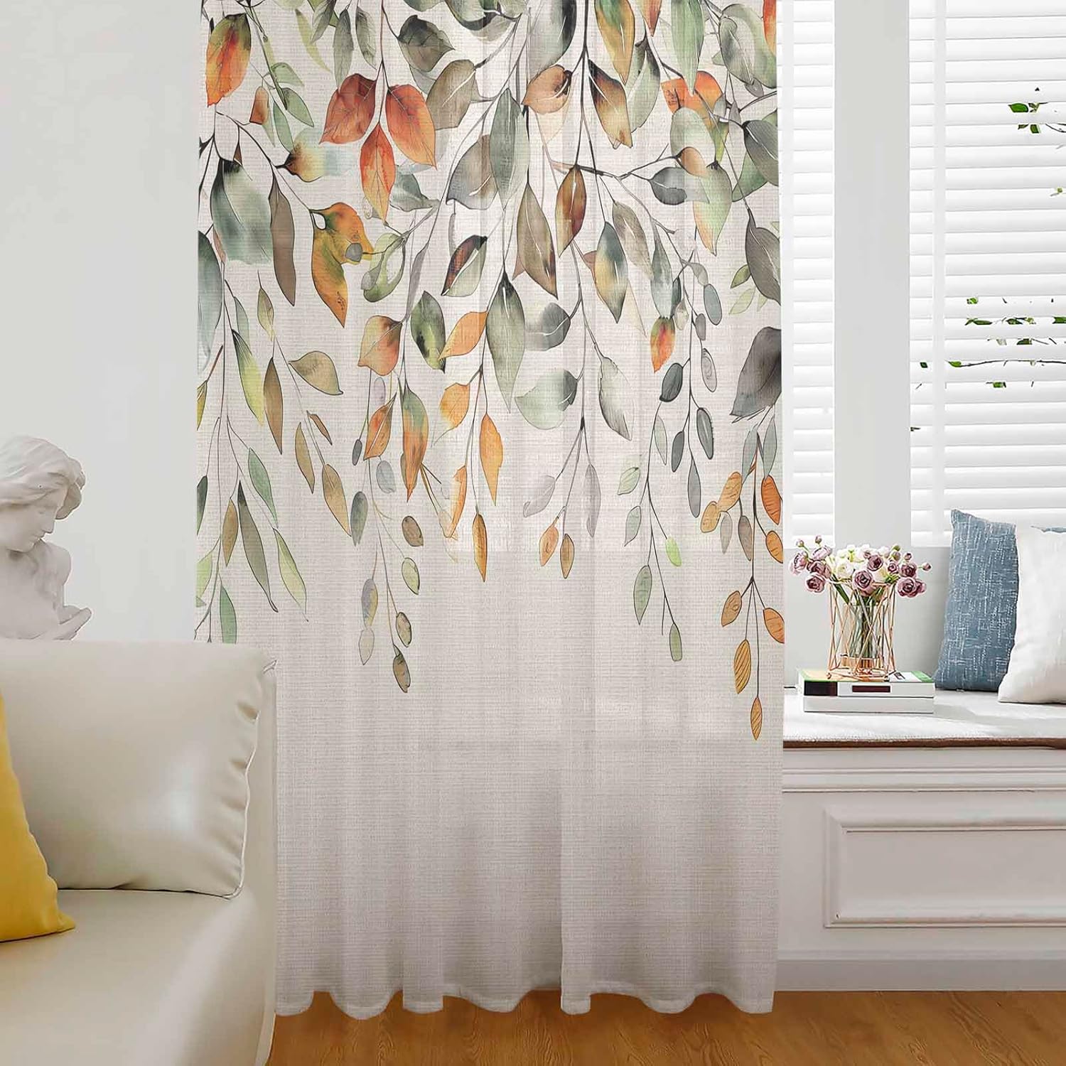 Fall Thanksgiving Eucalyptus Window Curtain 96 Inches Long,Farmhouse Sage Green Orange Semi Sheer Rod Pocket Chiffon Curtain & Drapes Voile Draperies Living Room Bedroom Kitchen Window Treatment