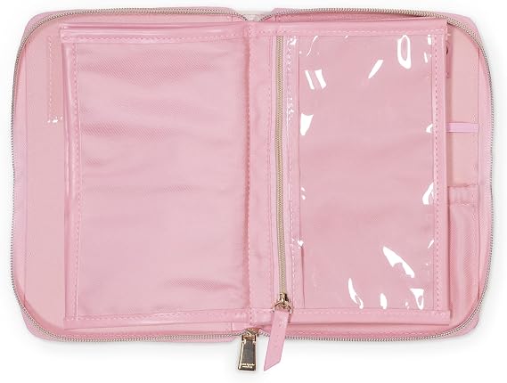 kate spade new york Travel Jewelry Folio, 8.5 x 6 Organizer with 8 Zippered Pockets, Necklace Tabs & Tracker Pocket, Leatherette Case with For Safe Keeping Quote (Goddess Stripe)