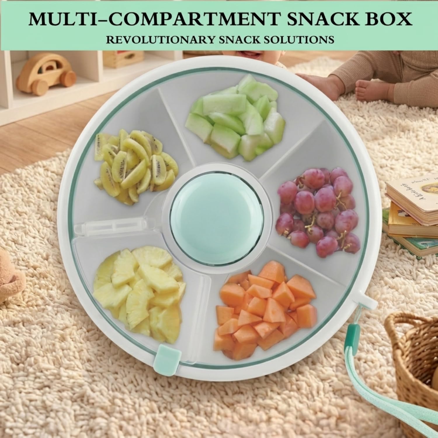 Proudy Portable Snack Spinner Bundle, Food Storage Container, Spinner Box with Rotating Storage, Reusable Kids Snack Container with 5 Compartment Dispenser and Lid, Spinner Box (Light Green)