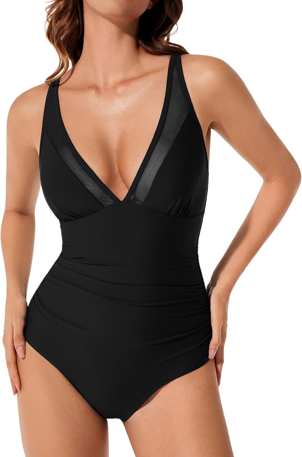 RXRXCOCO Women Sexy Mesh Tummy Control One Piece Swimsuit Ruched Slimming Shapewear Bathing Suit Lace Up Back Swimwear - Image 5