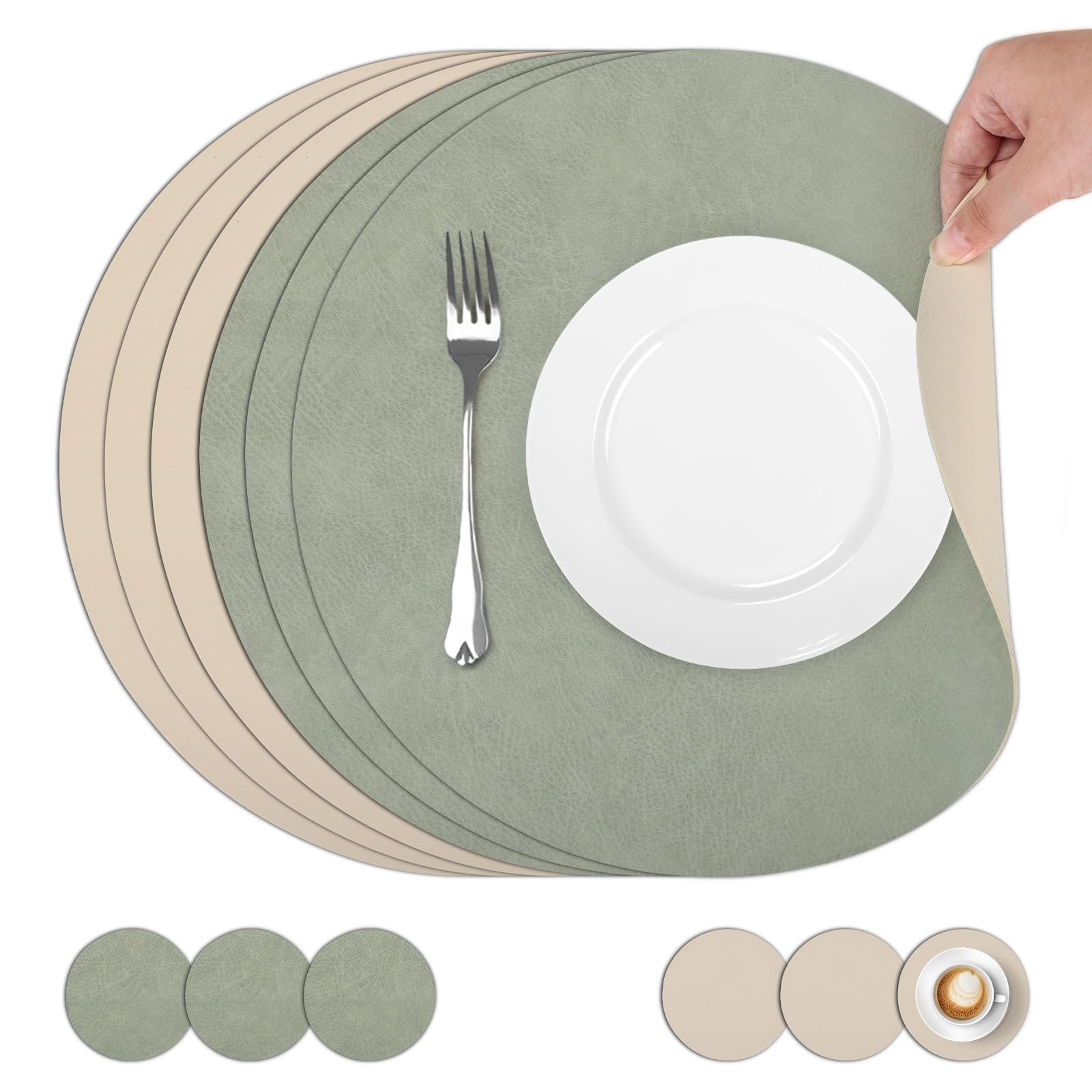 comfoyar Round PU Leather Placemats and Coasters Set of 6, 33cm Non-Slip Dual-Sided Heat Resistant Place Mats, Waterproof Washable Table Mats for Kitchen Dining Party Table Decoration(Green White)