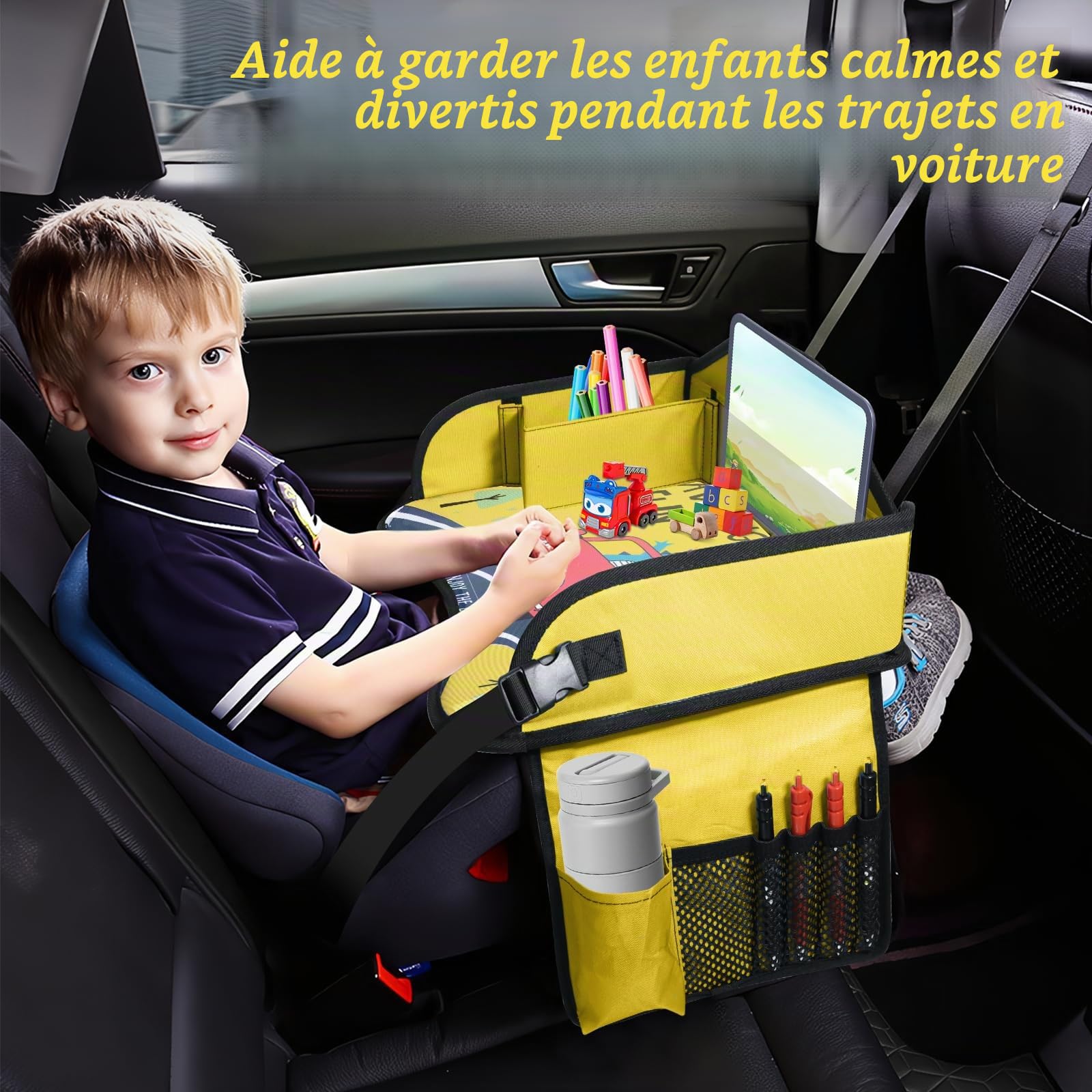 Plateau Voiture Enfant, Plateau de Voyage avec Planche à Dessin, Organisateur Voiture pour Siège Enfant avec Plusieurs Compartiments, Facile à nettoyer (Dinosaure)