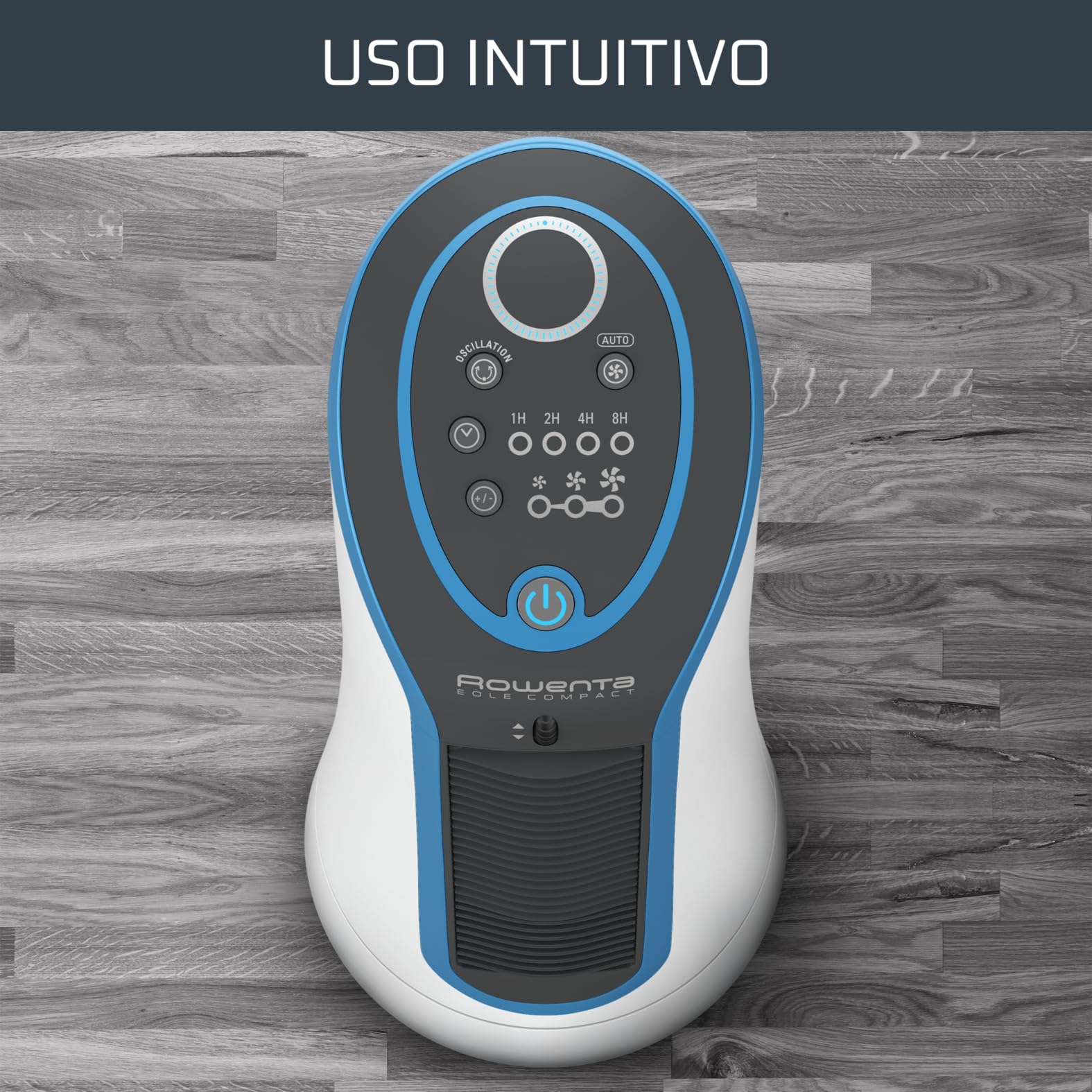 Rowenta Eole Compact Ventilador Pequeño Portatil de 30 W, Airflow 3D con 3 Velocidades de Aire y Sistema Silencioso 45dB, Potente, Moderno, Sin Aspas, Tecnológico, Color Blanco, Negro Y Azul VU6210
