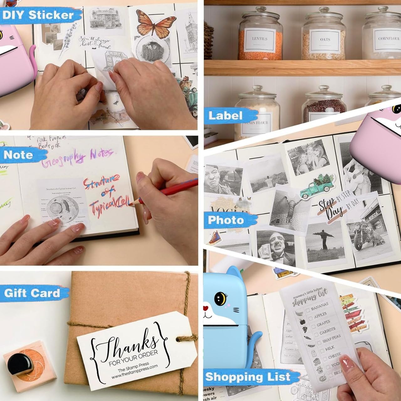 Thermal Mini Printer, Wireless Inkless Sticker & Label Maker with Tape, Bluetooth Machine Buddy for Phone iOS&Android, Free Cut Pocket Printers for Notes&Children DIY (Pink Mini Printer)