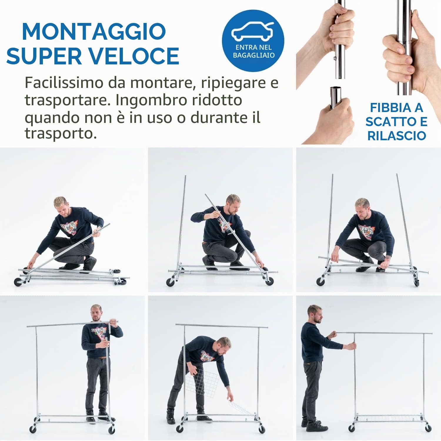 Tatkraft Duncan - Robusto Stand Appendiabiti Professionale, Portata 100 kg | Stender Appendiabiti con Ruote, Pieghevole, Regolabile 128-189x107x143-169cm, Montaggio 1 min, con Scarpiera, Acciaio Cromato