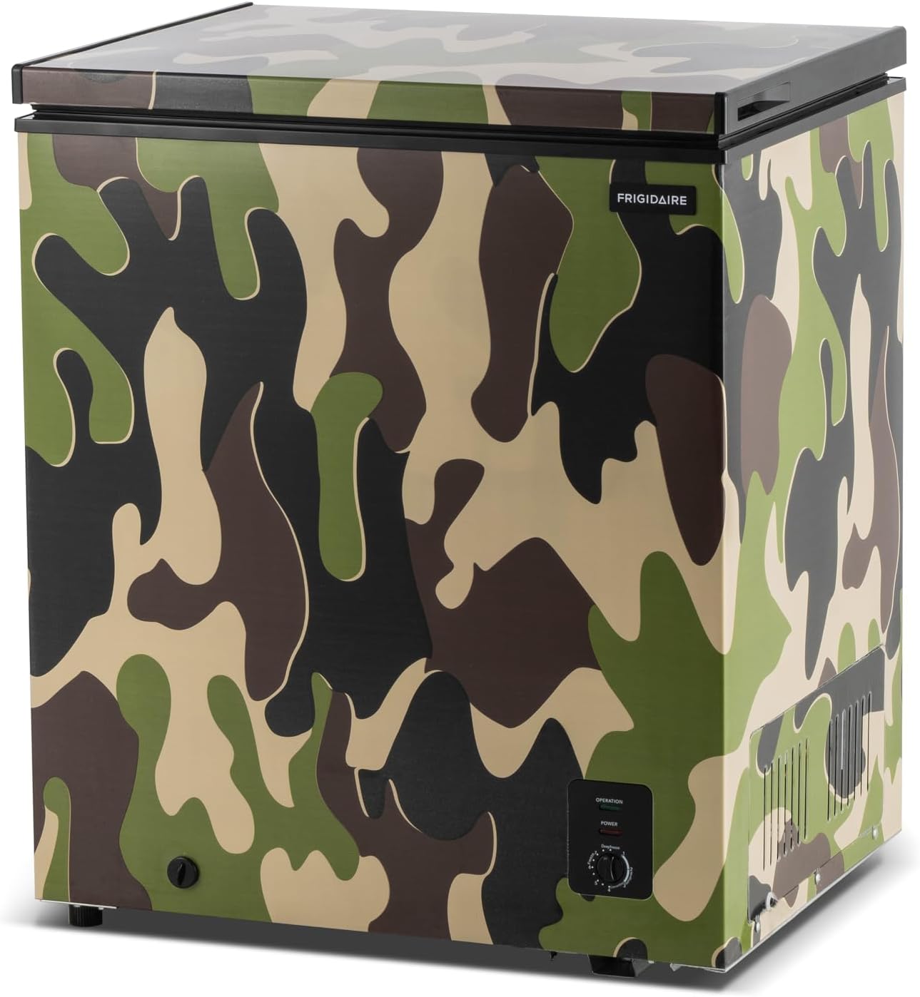 FRIGIDAIRE EFRF516CAMO Chest Deep Freezer- Garage Ready, 5.0 Cu. Ft. Capacity, CAMO-Adjustable Thermostat-Removable Vinyl Coated Wire Basket-Easy Defrost Drain