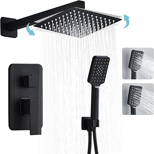 Miniatura 8 de Juego de grifo de ducha negro, sistema de ducha de baño, cabezal de ducha de lluvia de 10 pulgadas y montaje en pared de mano, juego completo