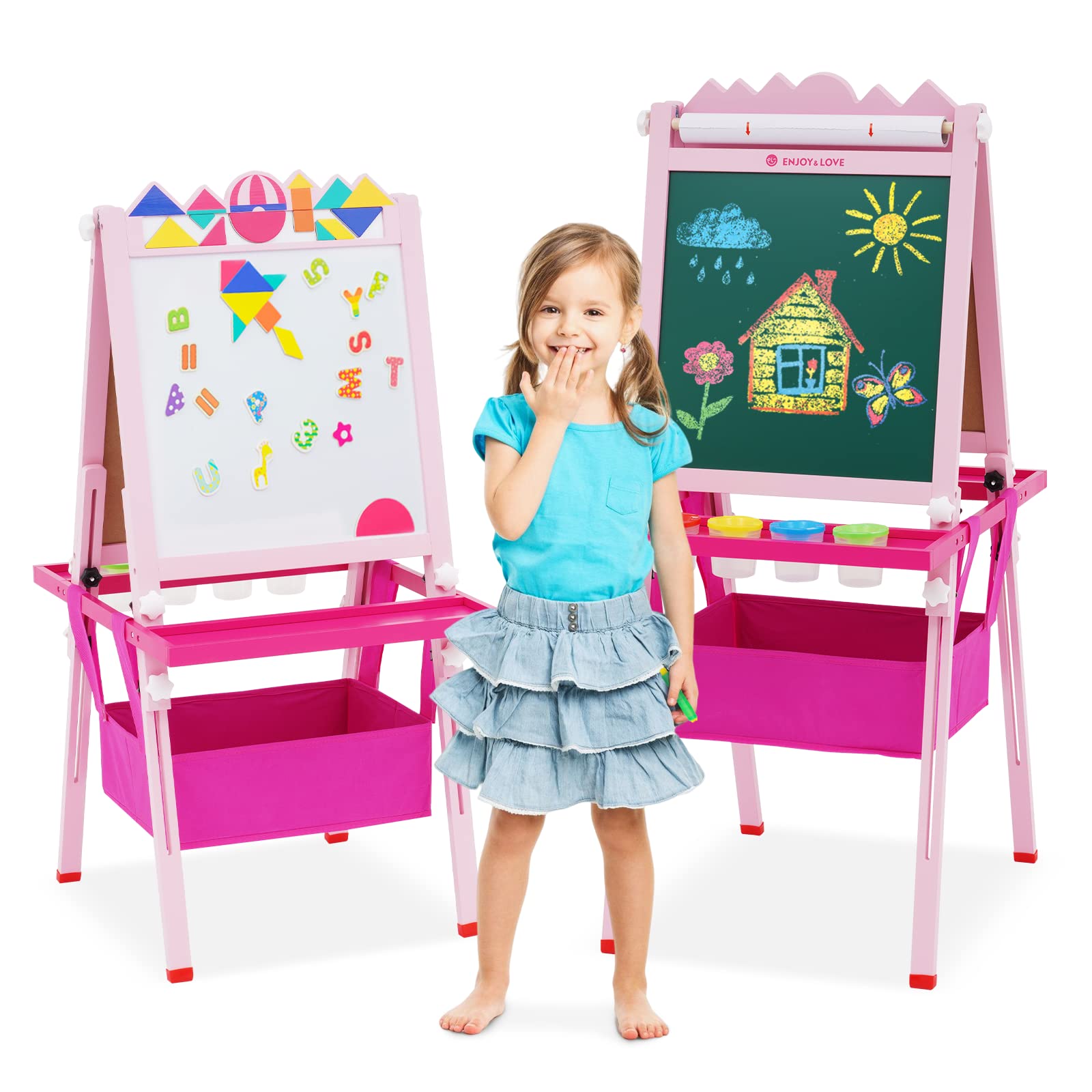 Cavalletto artistico per bambini piccoli, regolabile in altezza, lavagna bianca bifacciale e lavagna per gesso con rotolo di carta, set artistico in legno da tavolo per bambini, regalo per